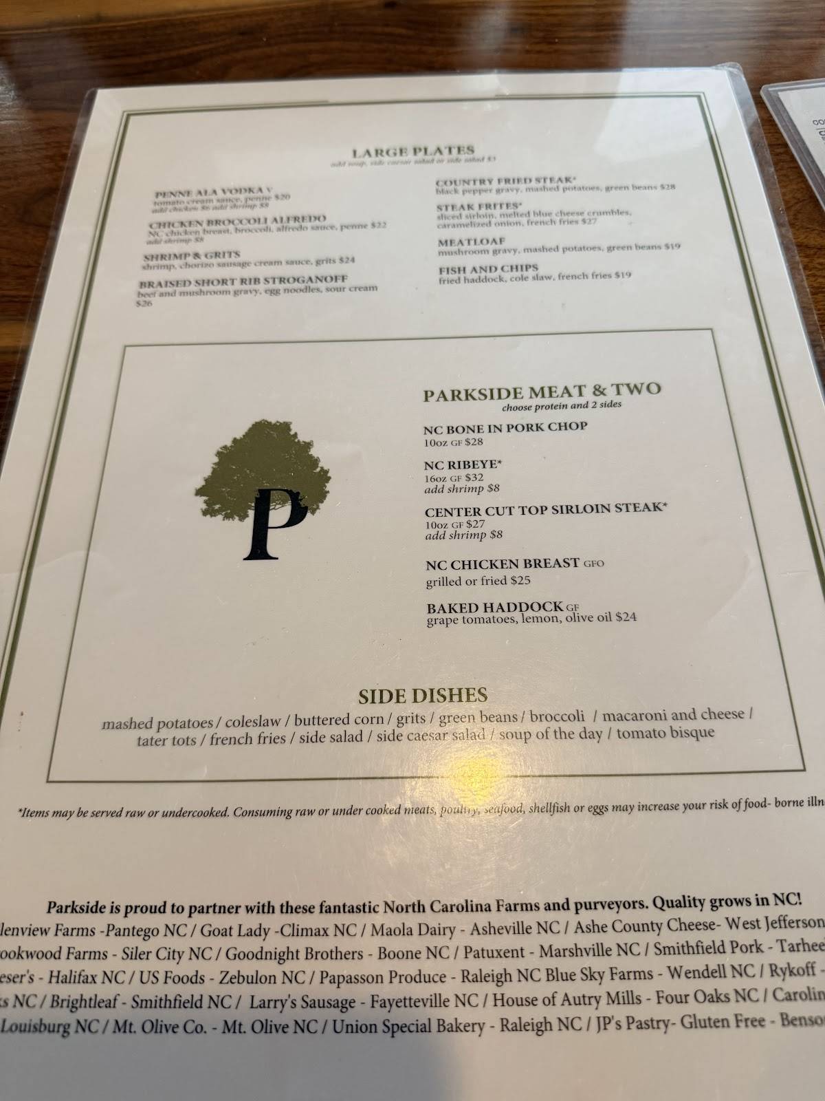 Parkside Restaurant меню