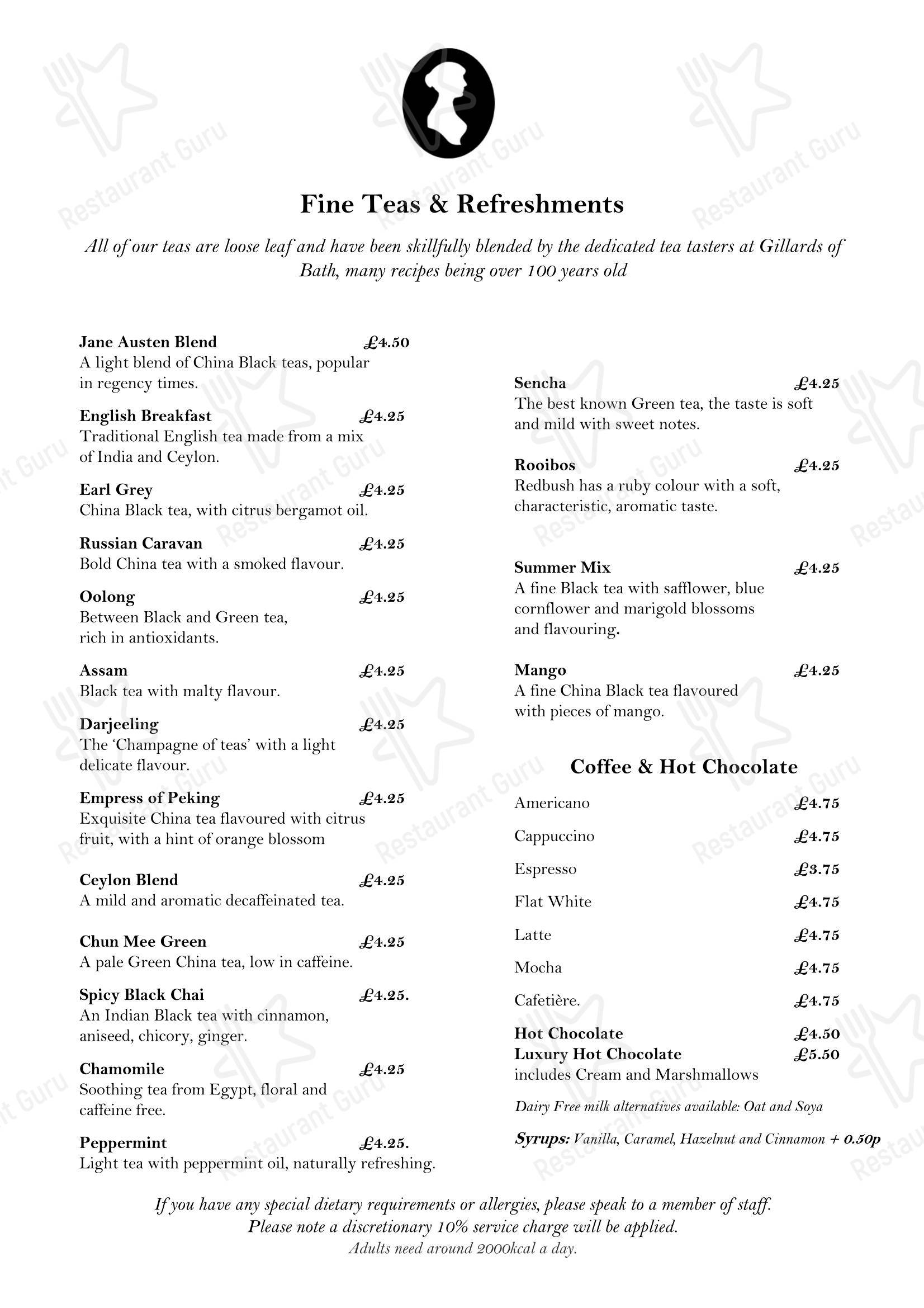 Меню кафе Regency Tea Room - Меню
