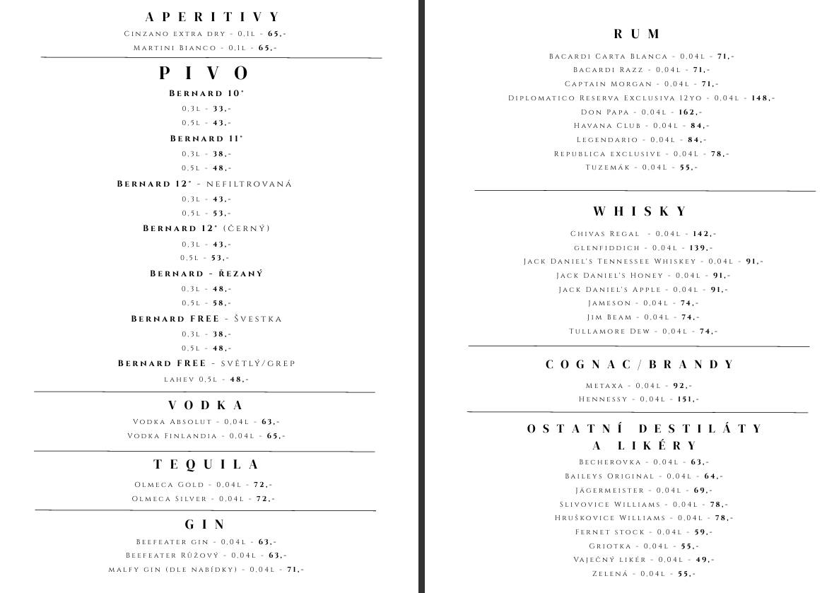 Restaurace Bowling Svíčka меню