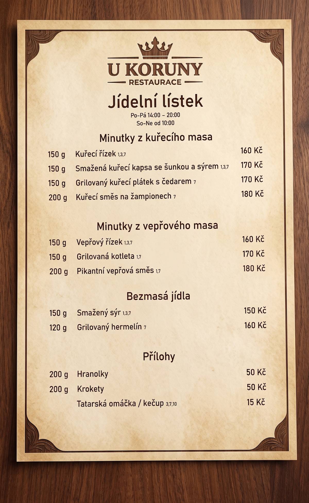 Restaurace U Koruny меню