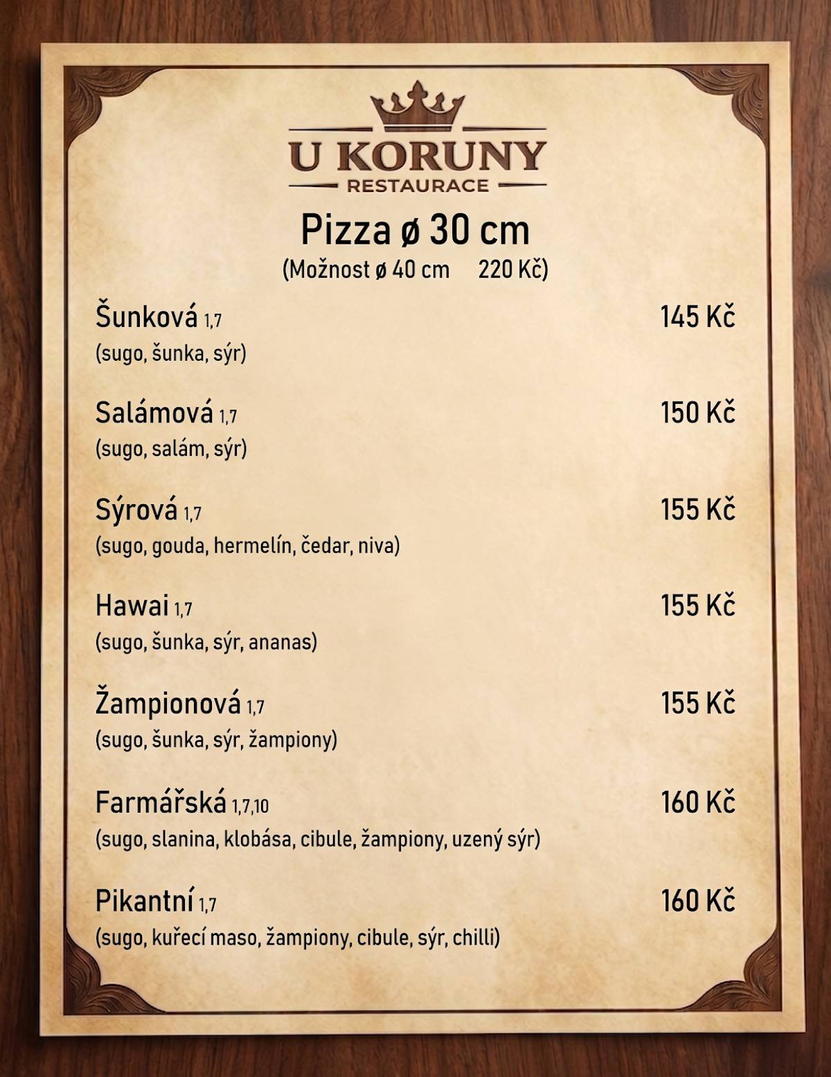 Restaurace U Koruny меню