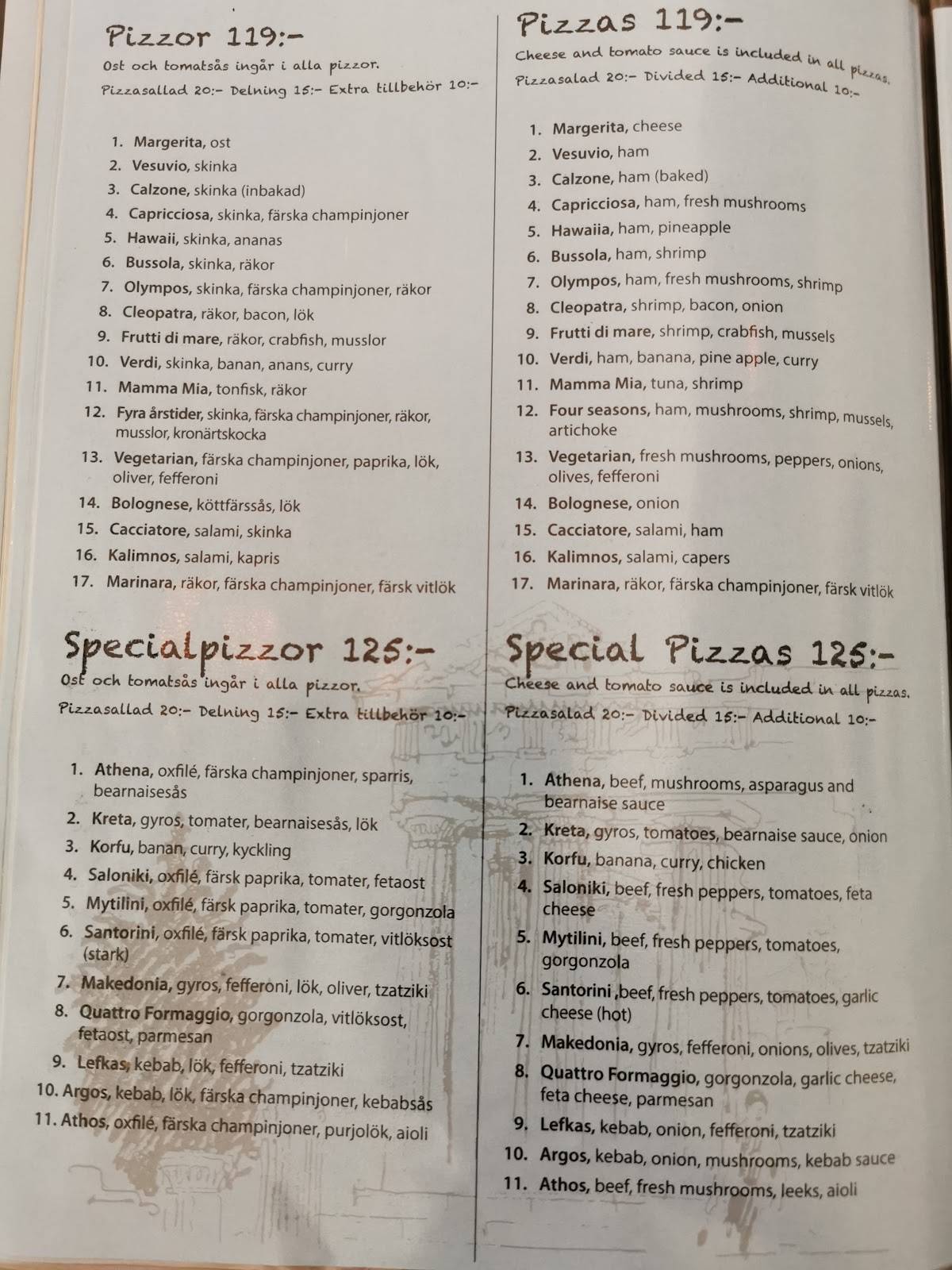 Restaurang Athena меню