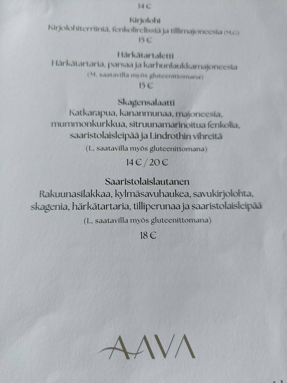 Restaurant Aava меню
