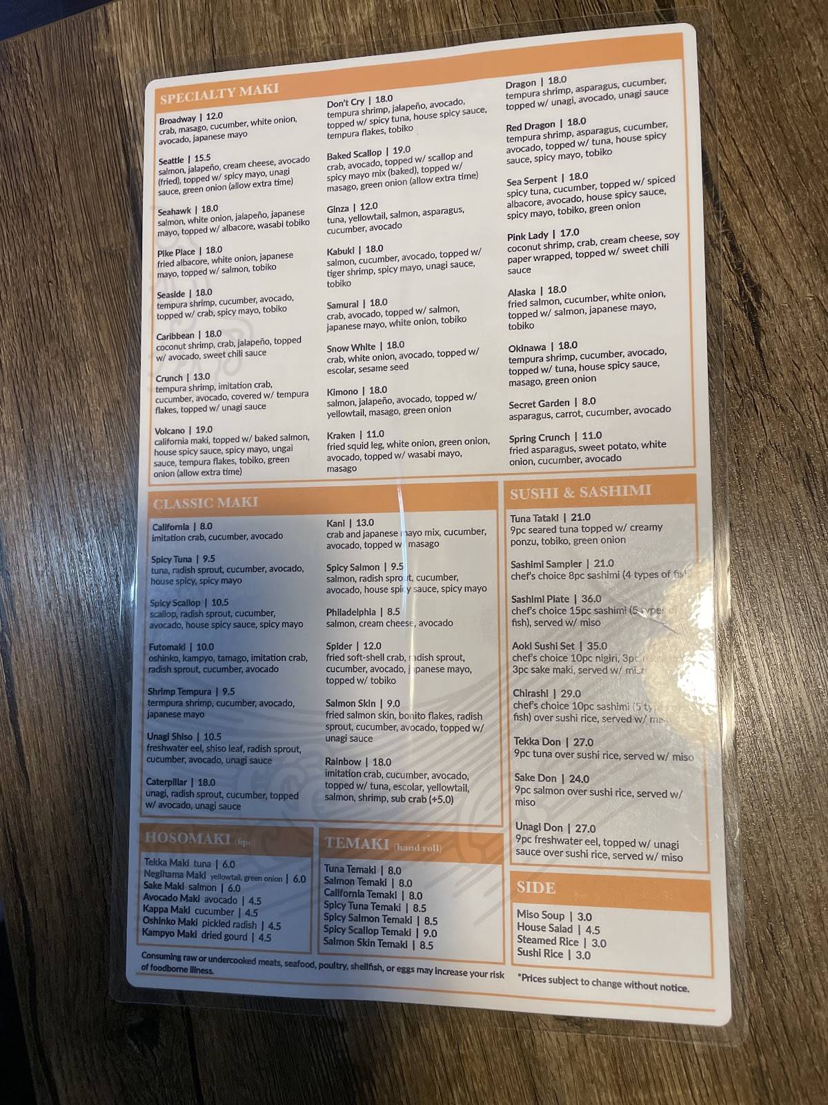 Aoki Sushi & Grill меню