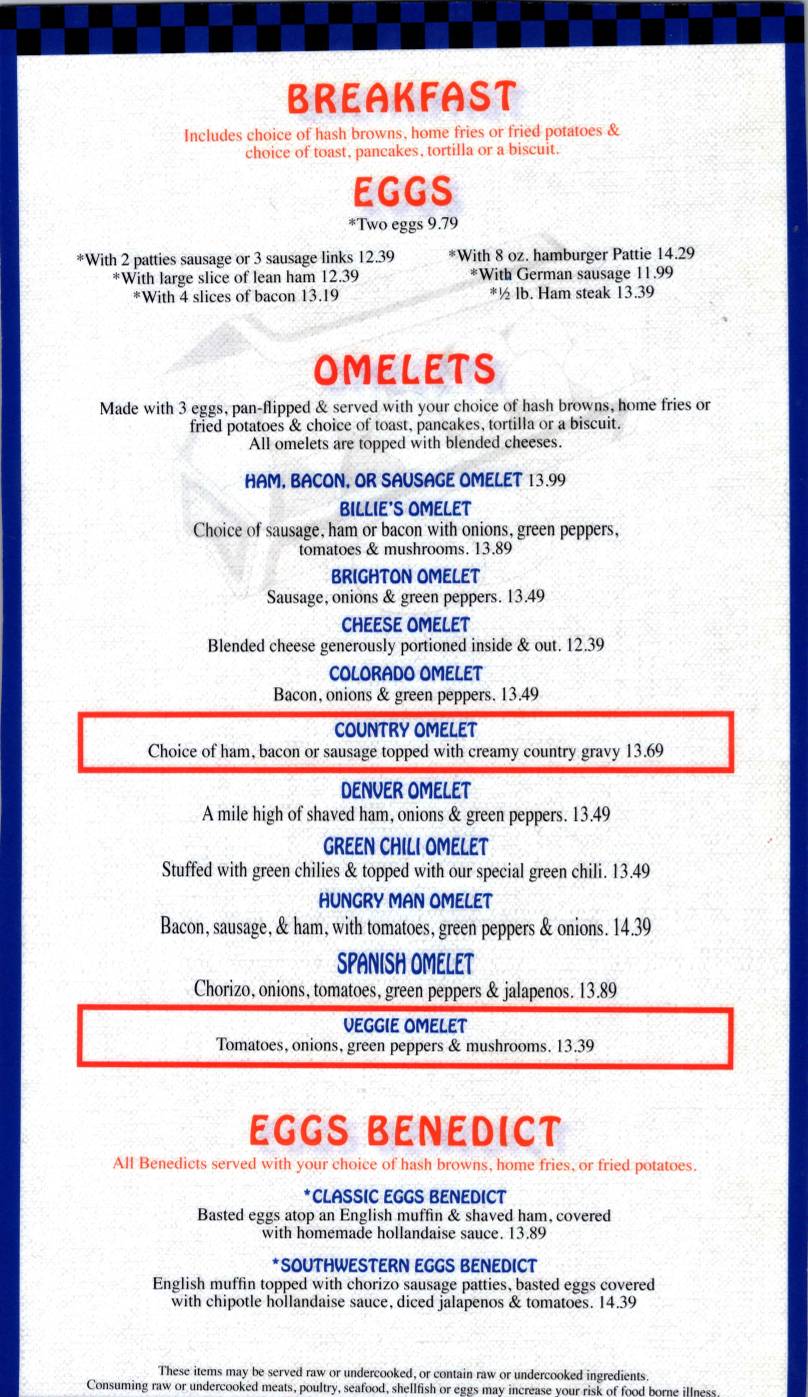 Billie's Cafe & Grill меню