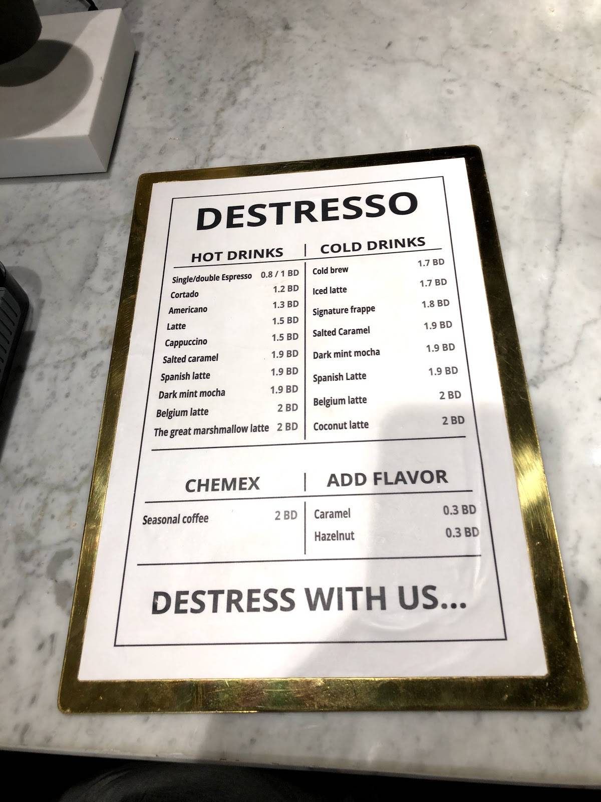 Destresso меню