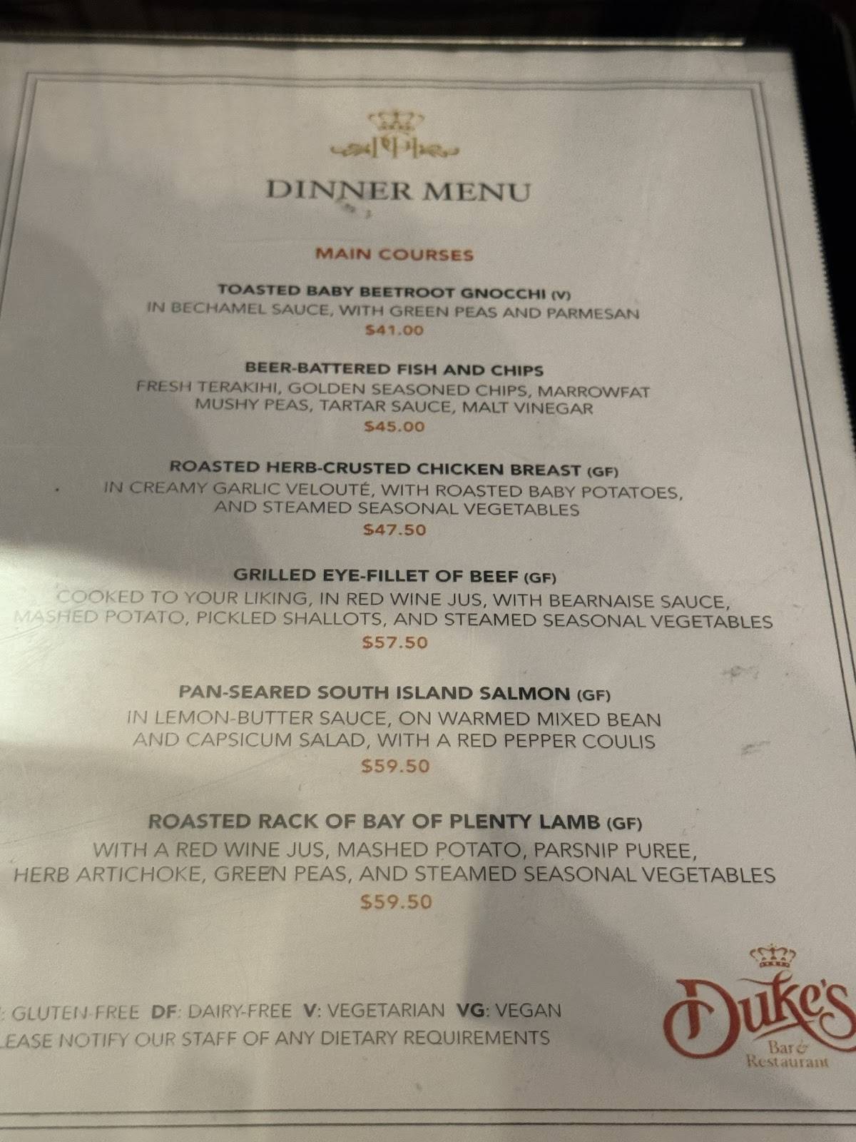 Duke's Restaurant & Bar меню