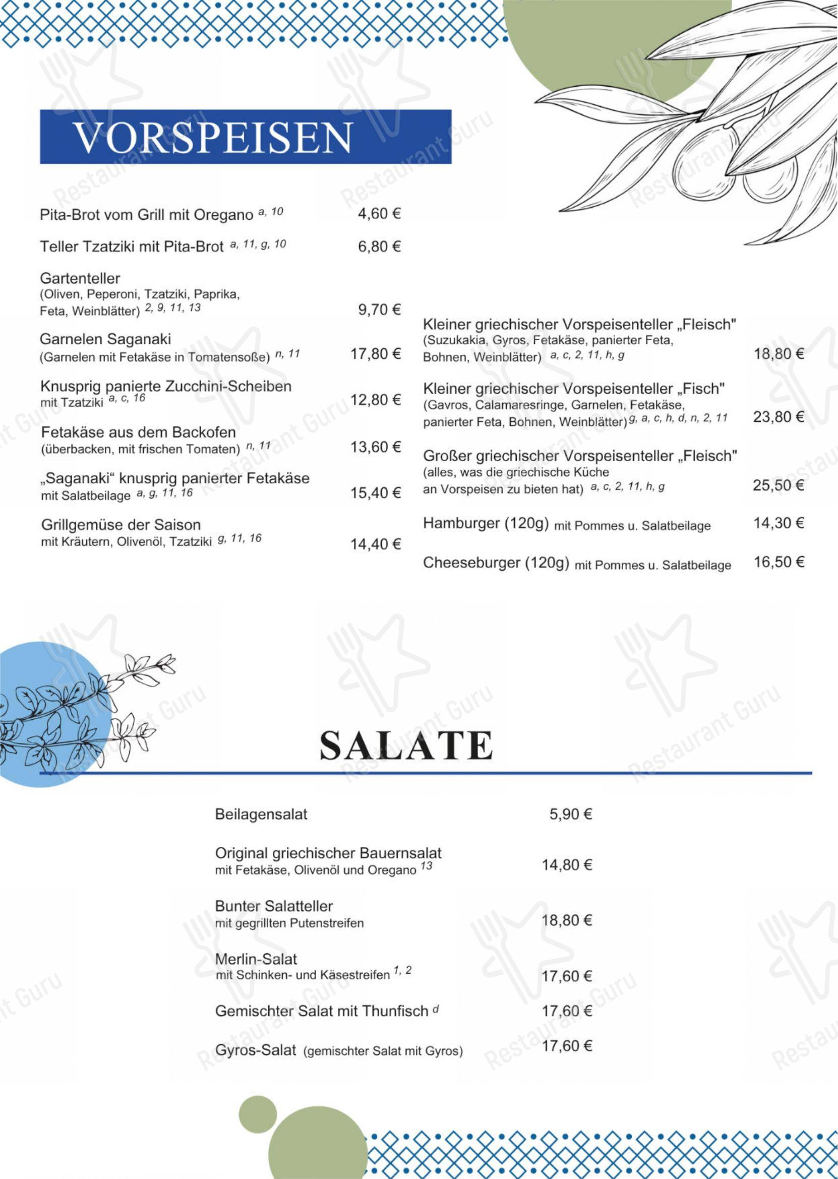 Меню напитков клуба Restaurant Merlin