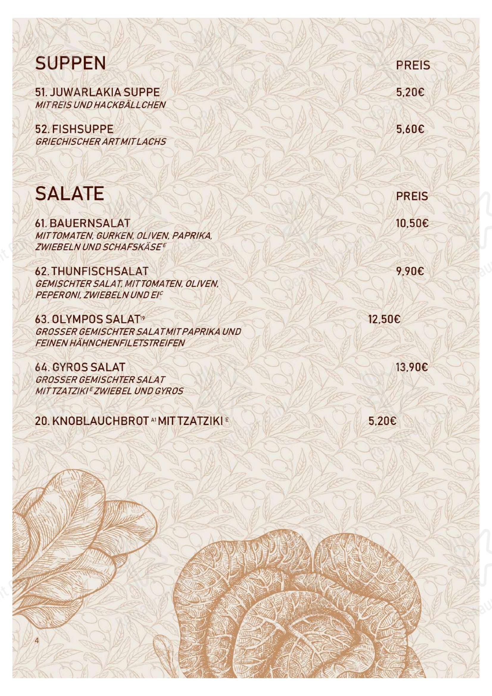 Меню ресторана Restaurant Olympos