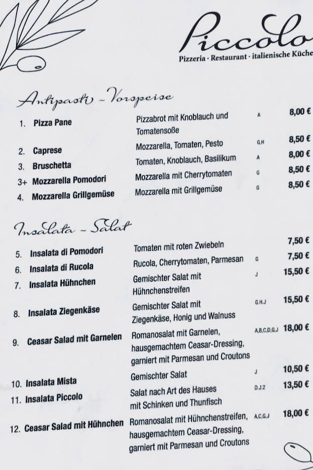 Piccolo Pizzeria Café Bar меню