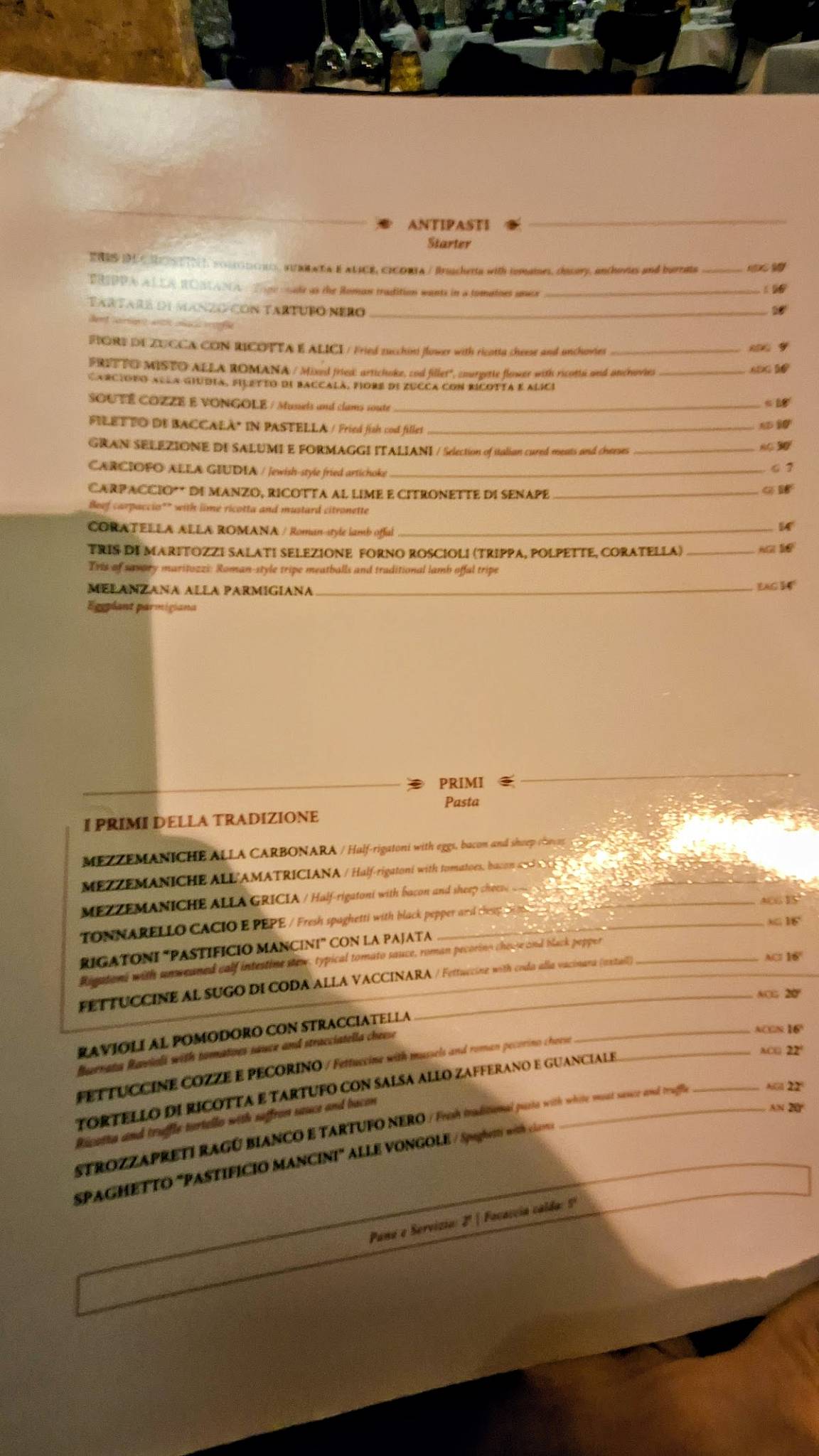 Ristorante Pancrazio dal 1922 меню