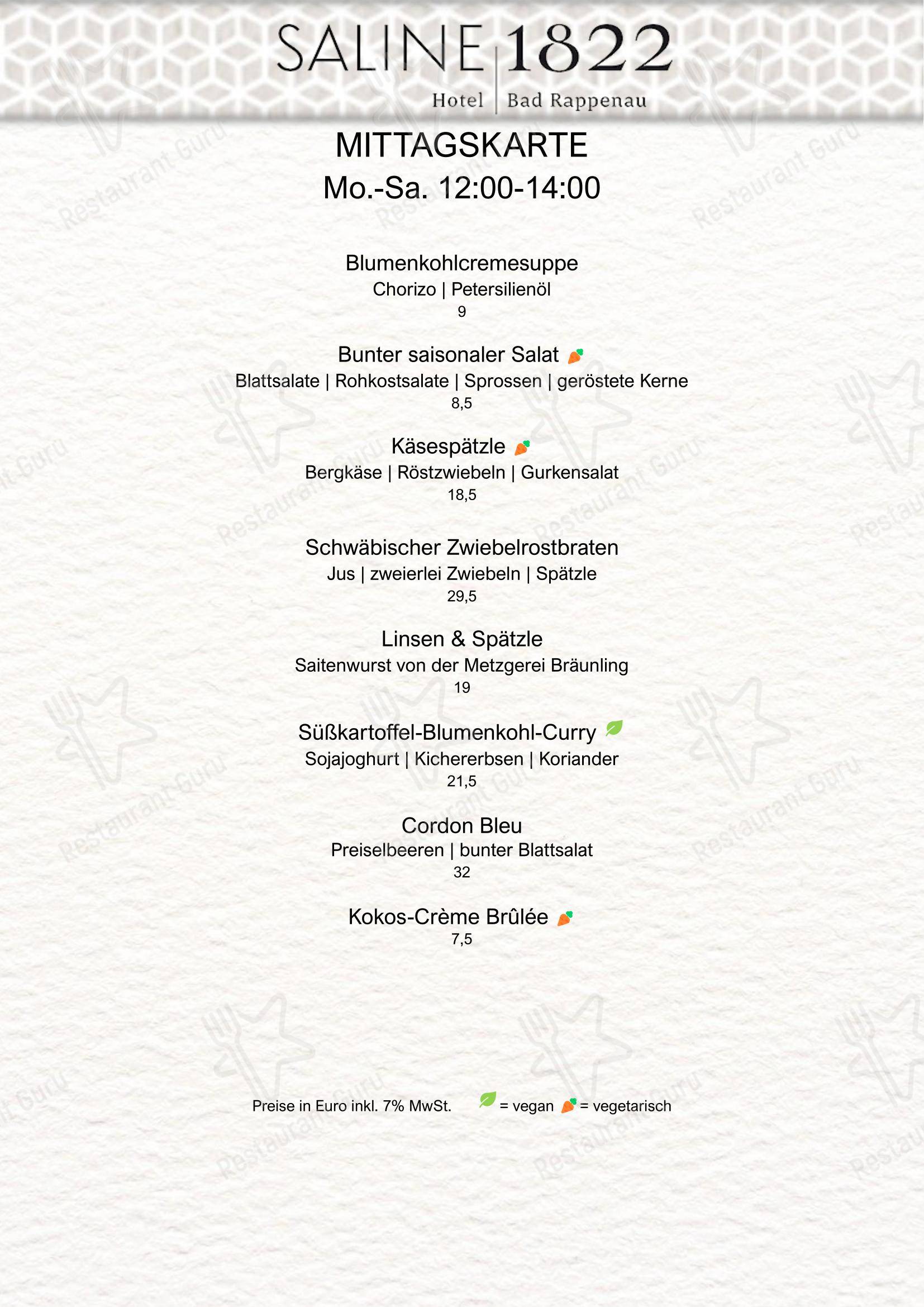 Restaurant SALZWERK im Hotel Saline 1822 в Баде-Раппенау - 菜单