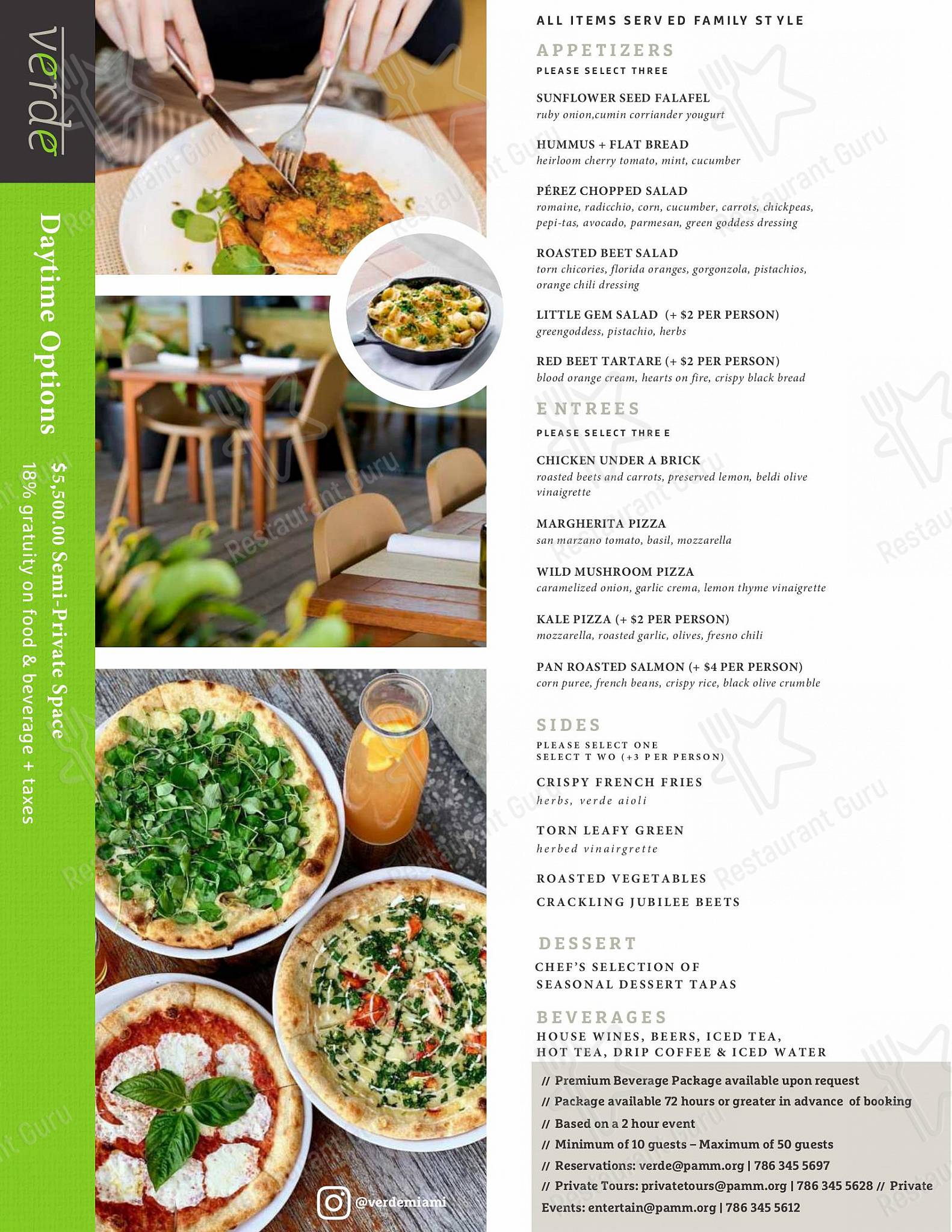 Group Booking Menu кафе Verde в Майами