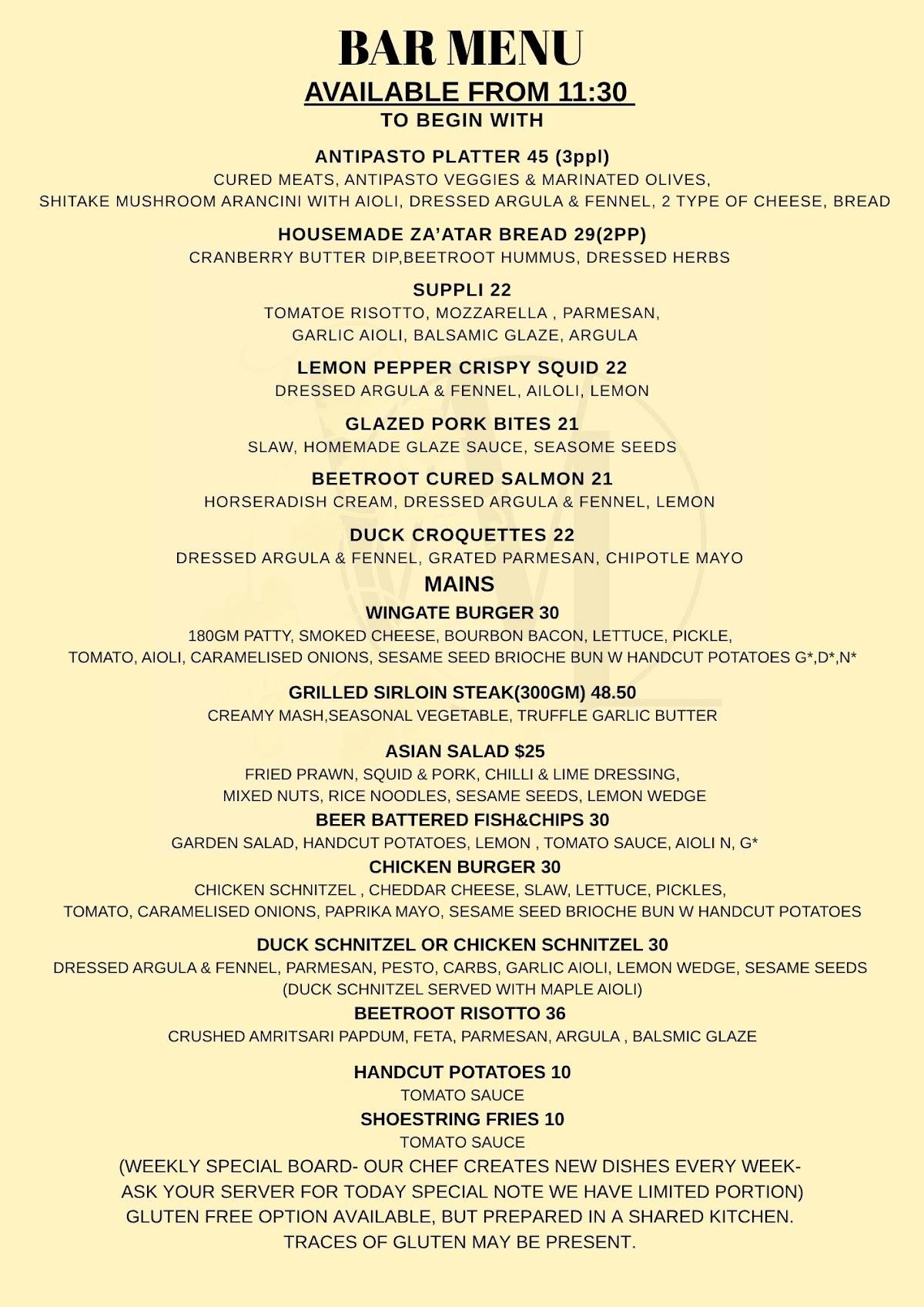 Wingate Lane Cafe, Bar & Restaurant Function Venue меню