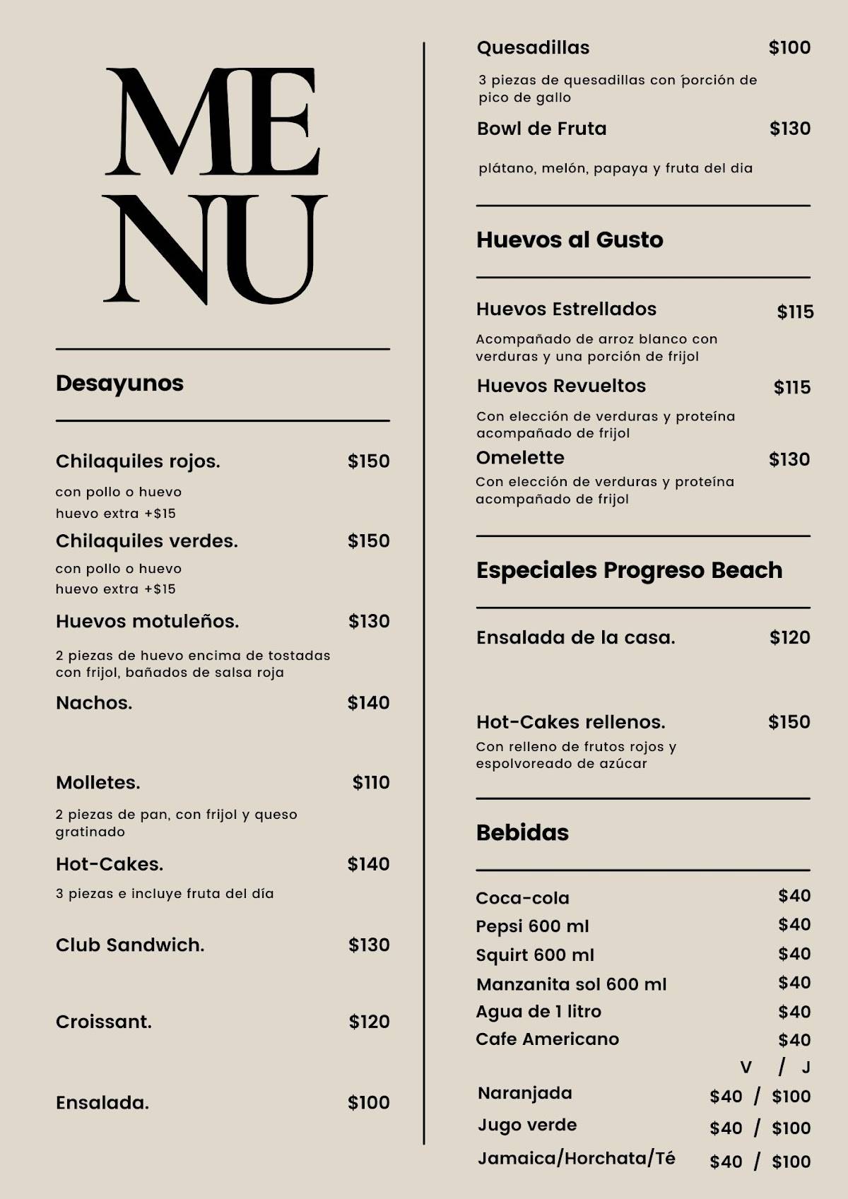 Restaurante Progreso Beach меню