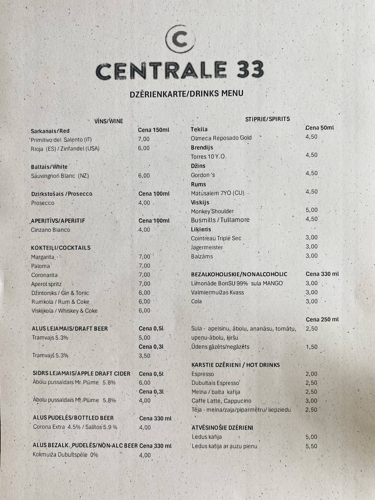 Centrale 33, Restorāns, Kafejnīca меню