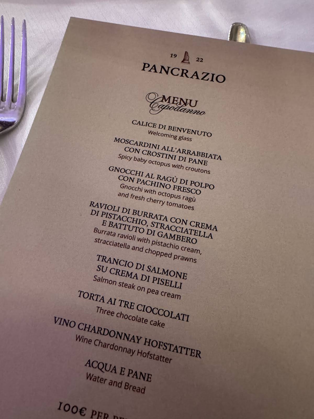 Ristorante Pancrazio dal 1922 меню