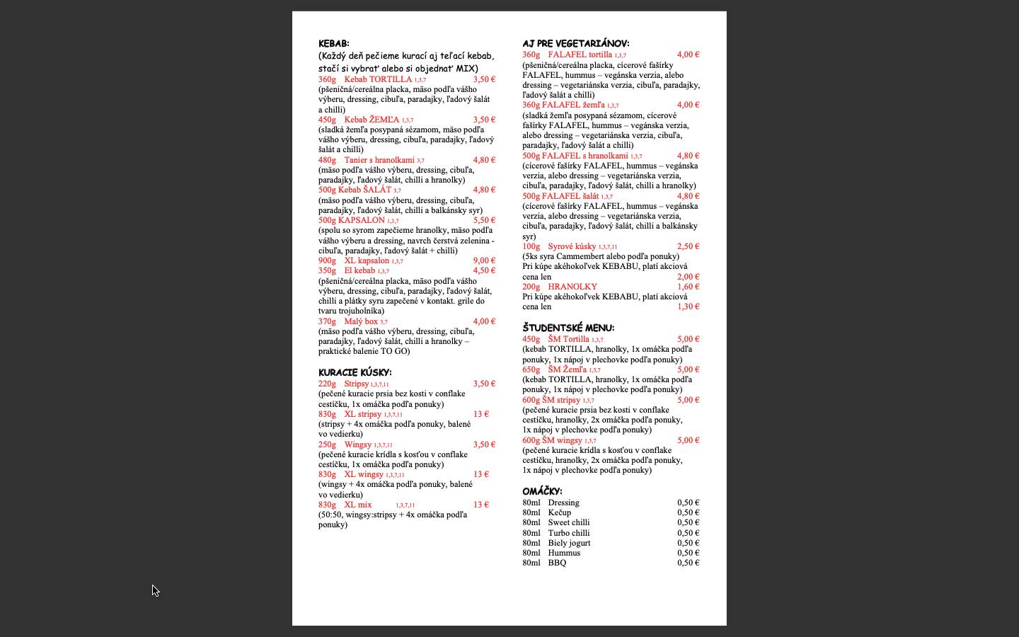 Deaf Kebab Rožňava меню