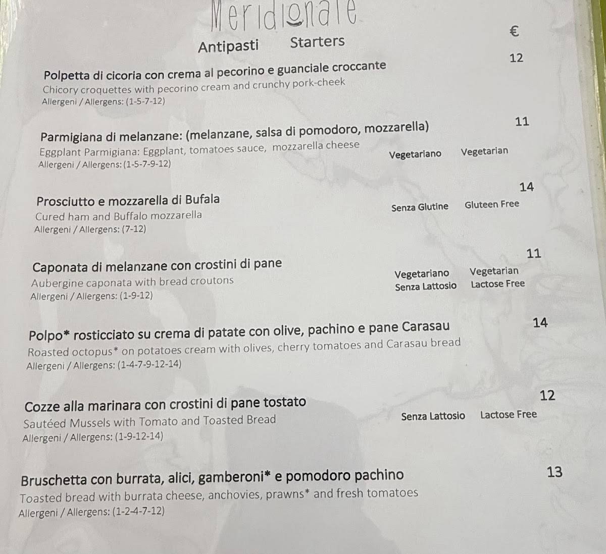 Meridionale Restaurant меню