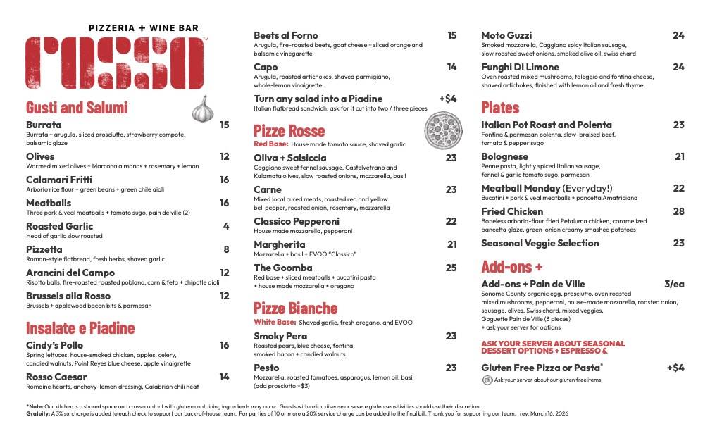 Rosso Pizzeria & Wine Bar меню