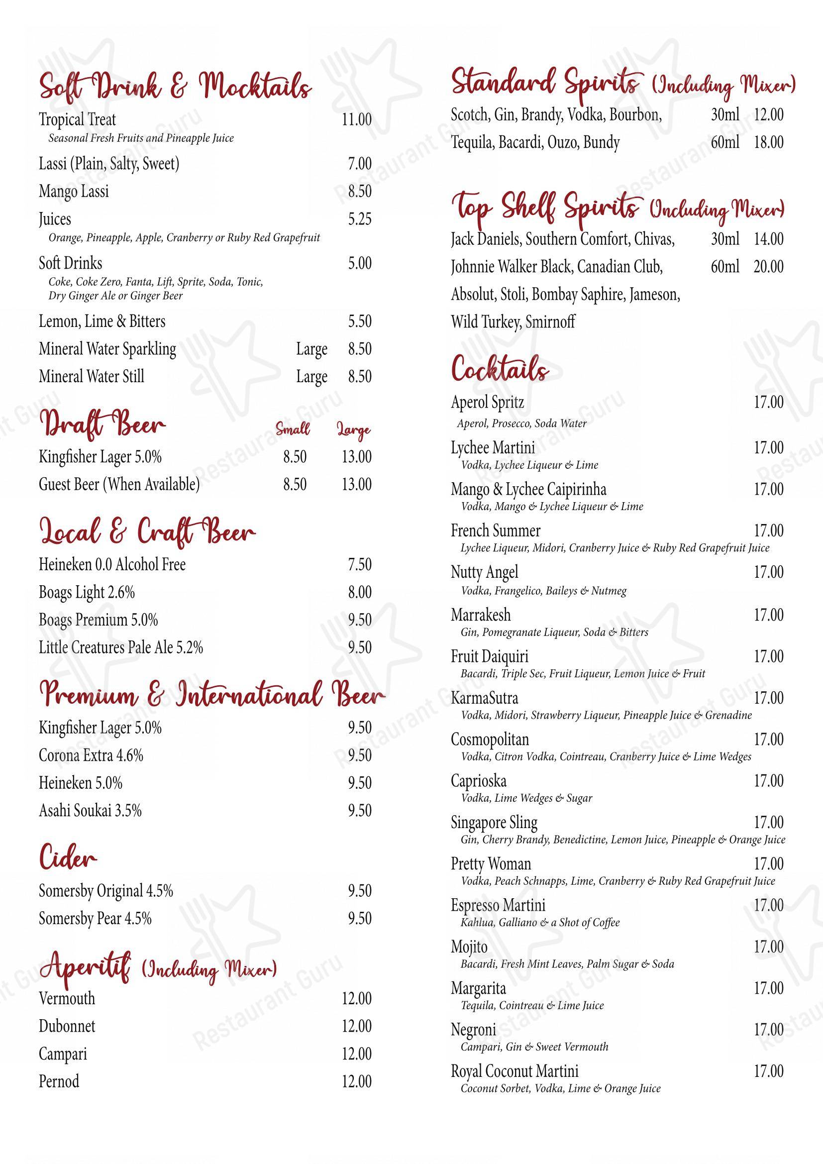 Меню напитков ресторана Royal India Restaurant