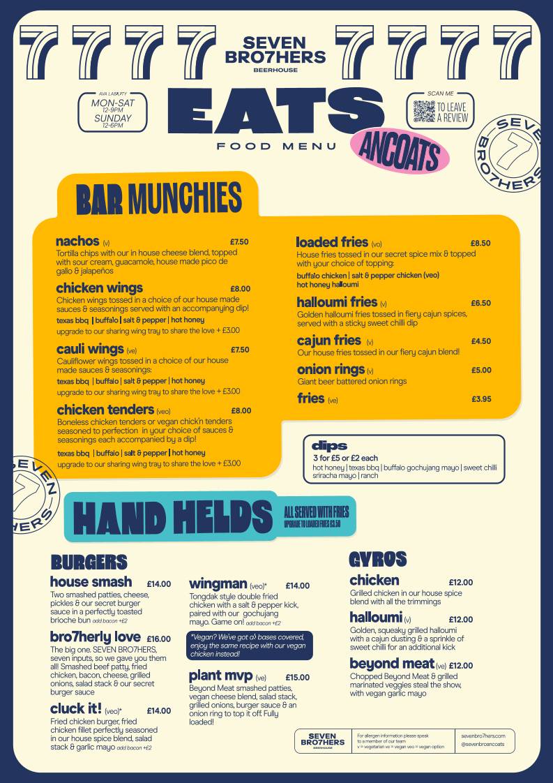SEVEN BRO7HERS BEERHOUSE Ancoats меню
