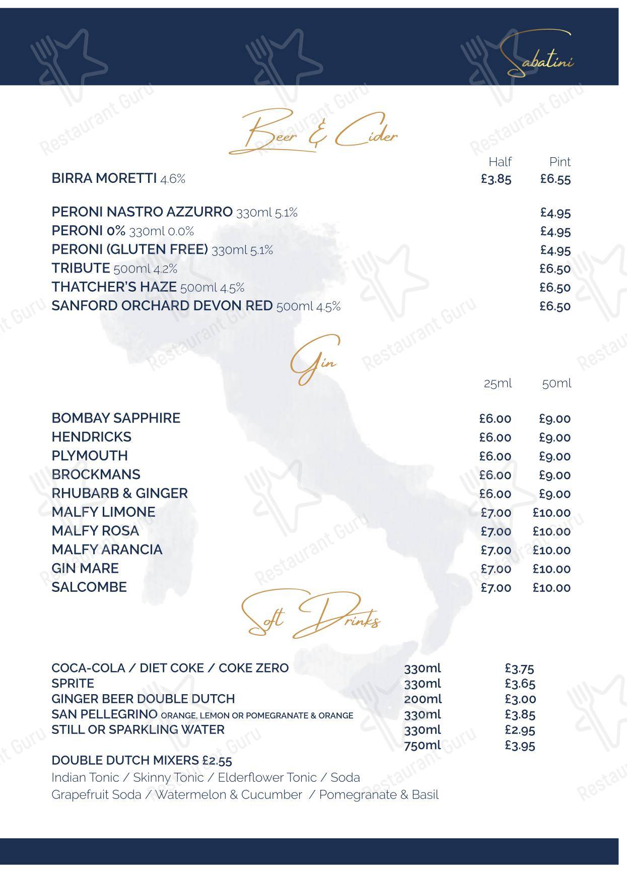 Sabatini Exeter в Эксетере - Dinner Menu
