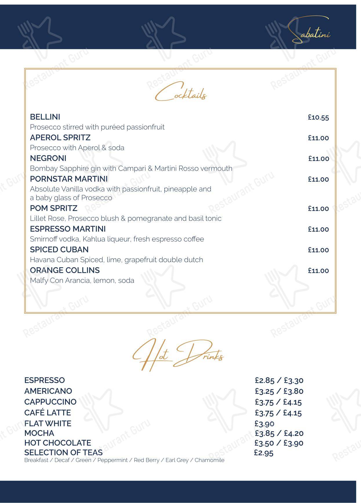 Dinner Menu ресторана Sabatini Exeter