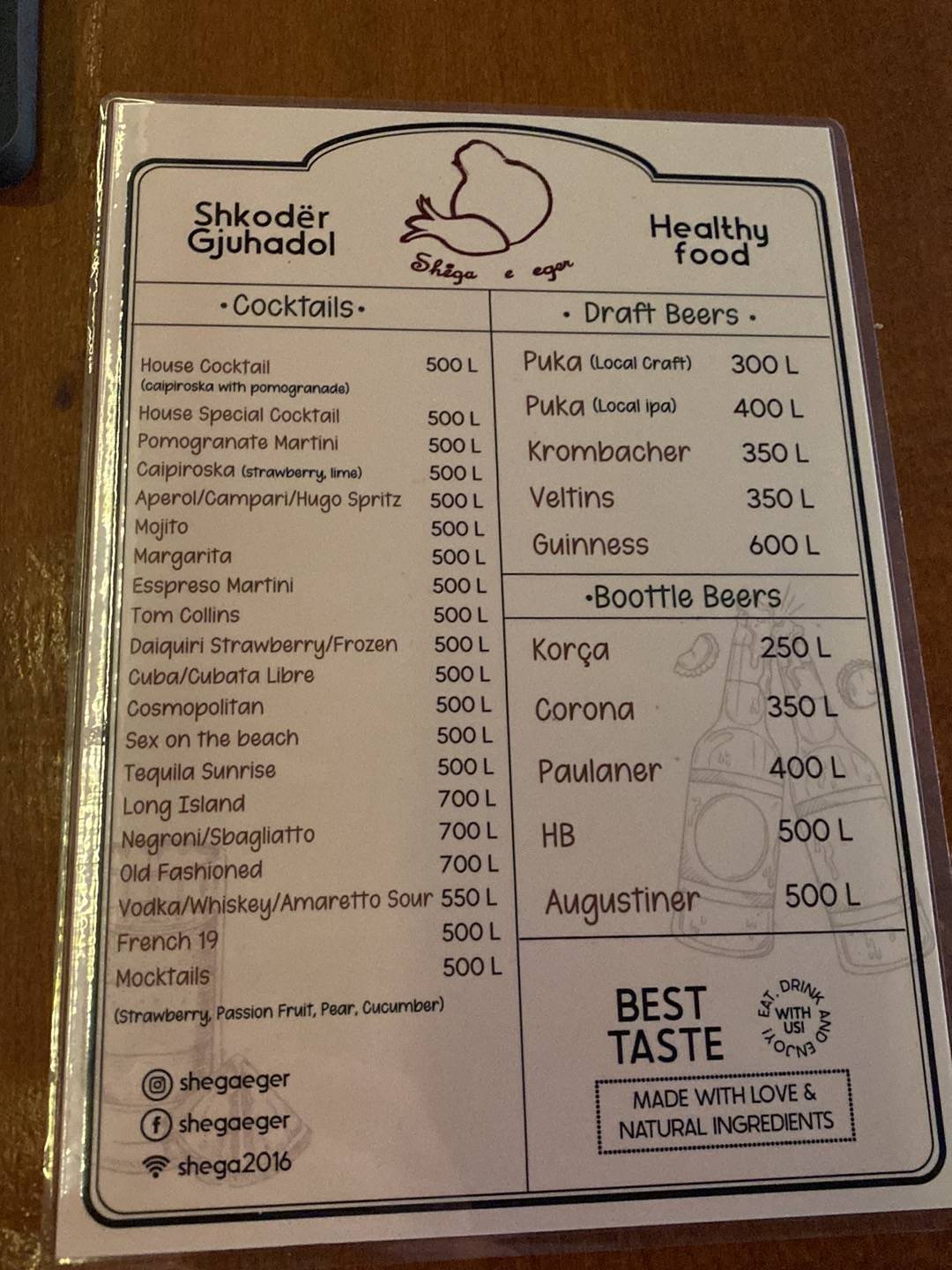 Shega e Eger меню
