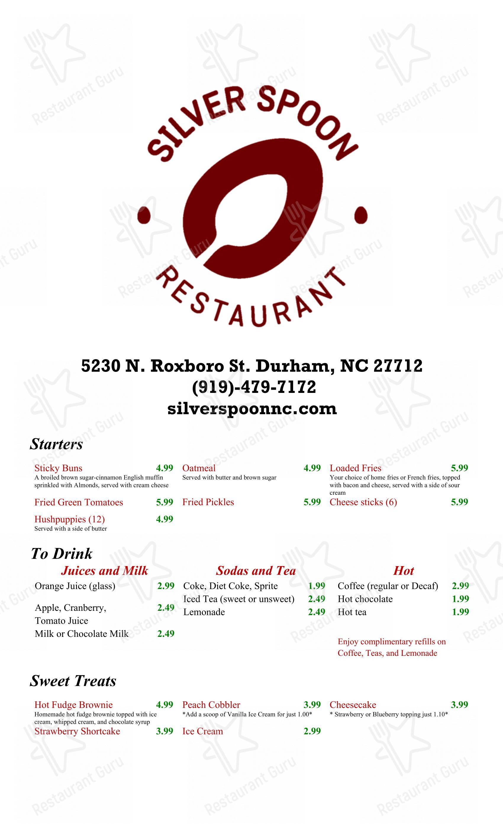 菜单 ресторана Silver Spoon Restaurant