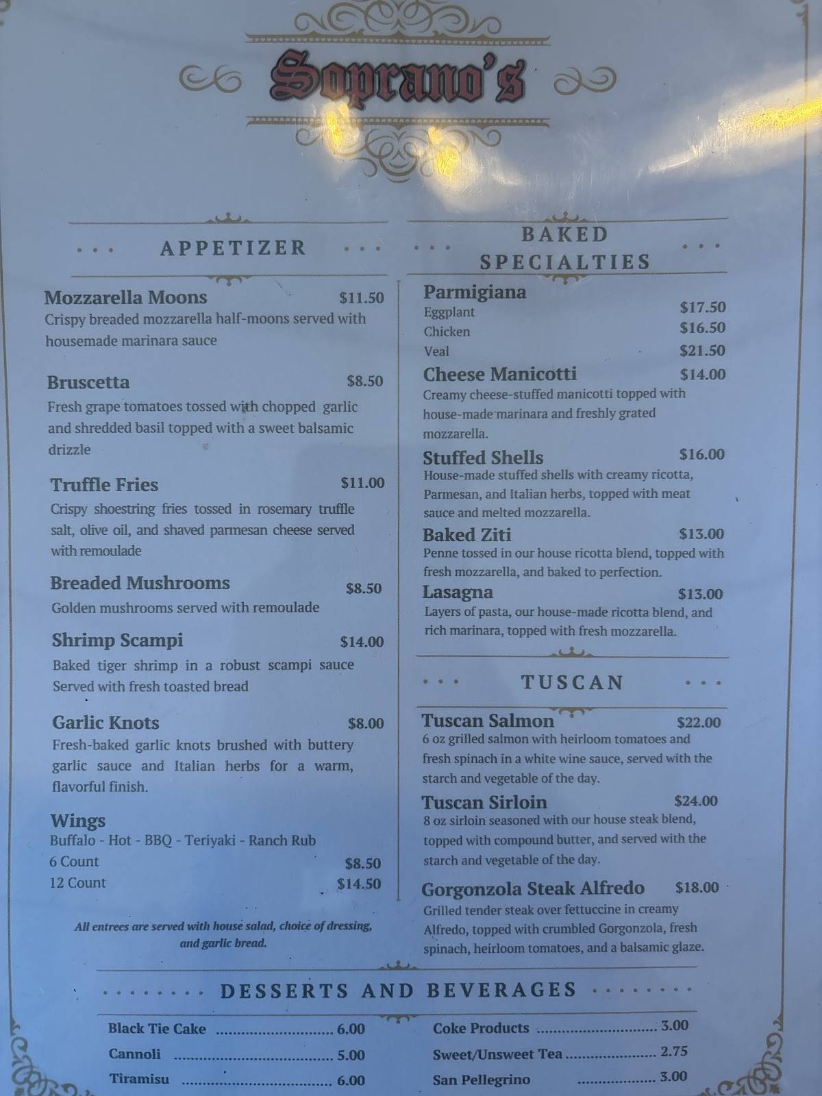 Soprano's Italian Restaurant меню