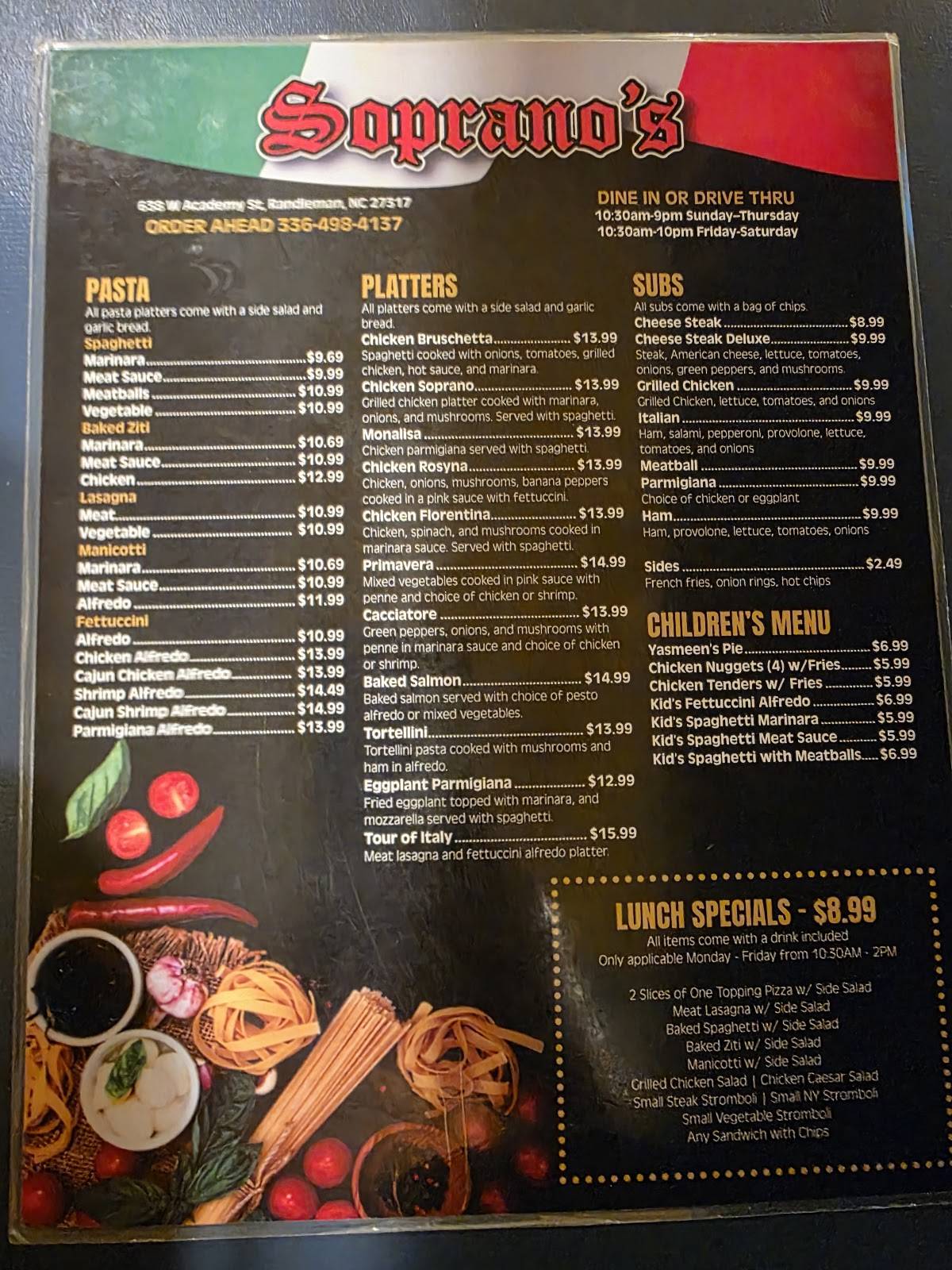 Soprano's Italian Restaurant меню