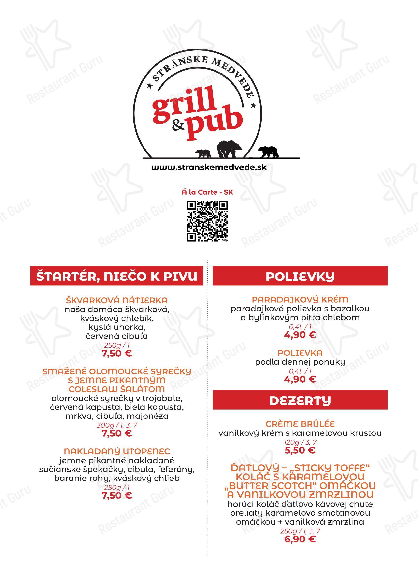 Меню паба и бара Stránske Medvede • Grill & pub - Меню напитков