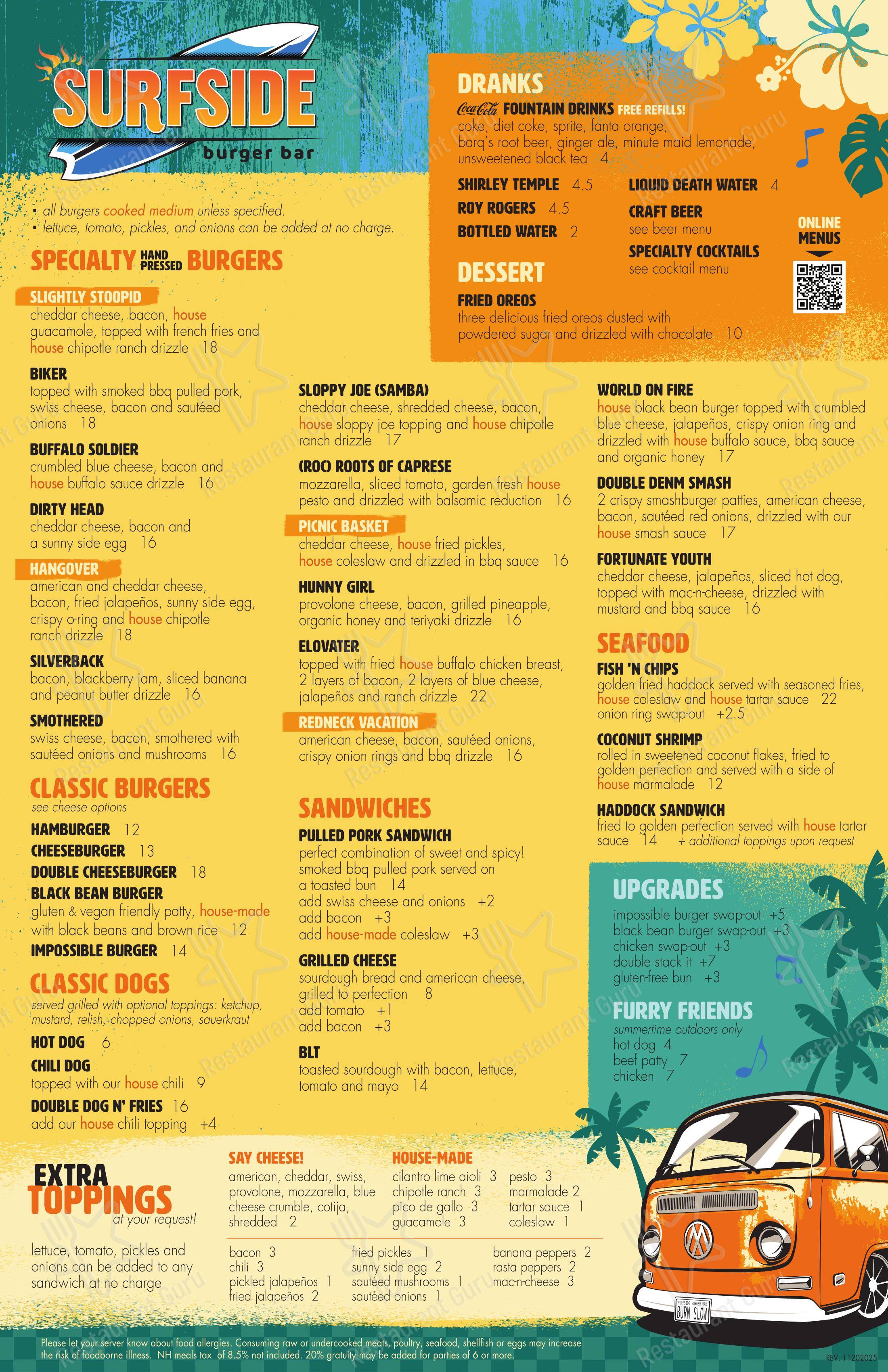 Surfside Burger Bar в Мередите - Меню