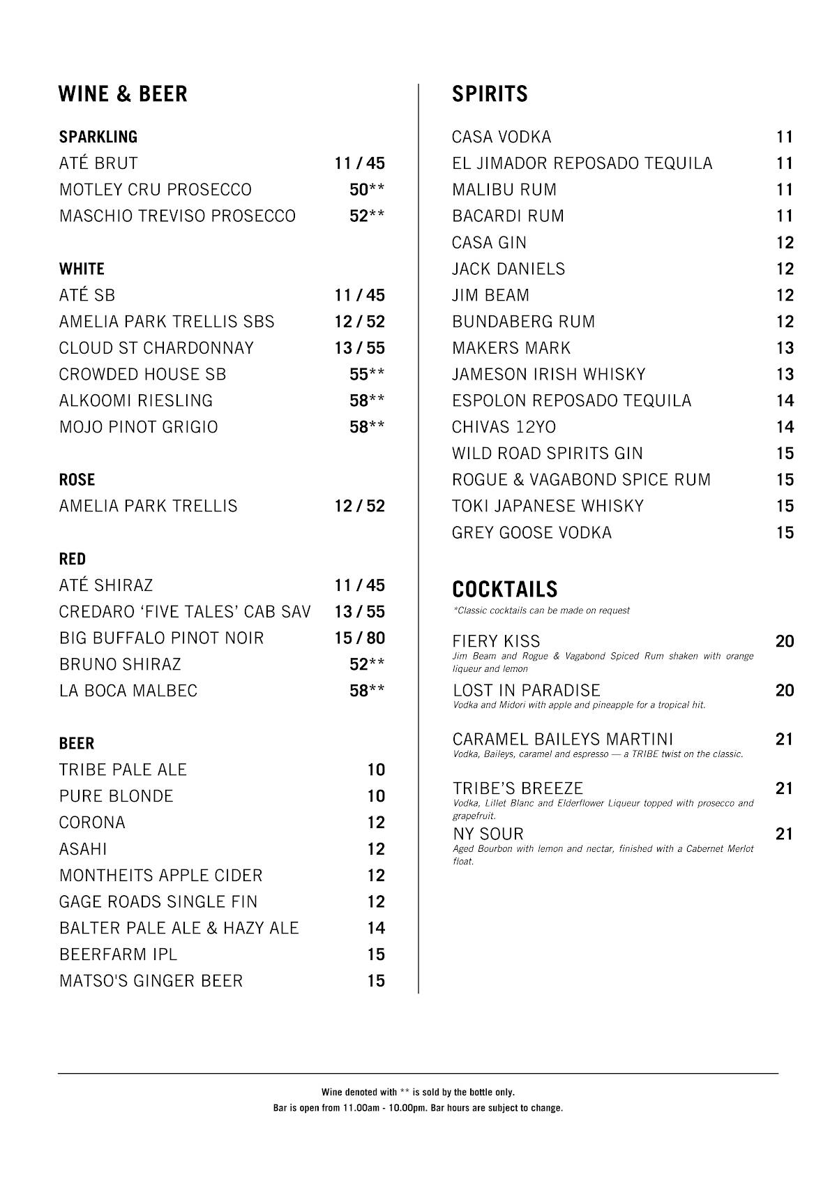 TRIBE TABLE меню