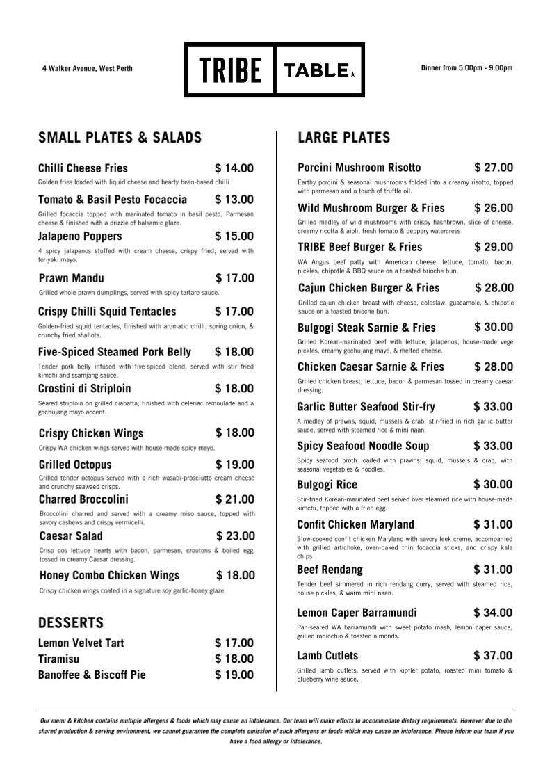 TRIBE TABLE меню