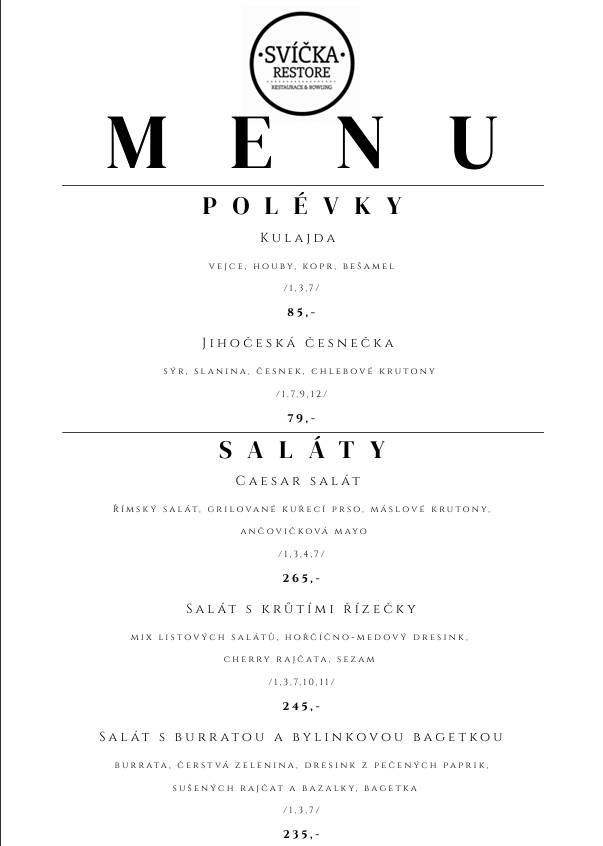 Restaurace Bowling Svíčka меню