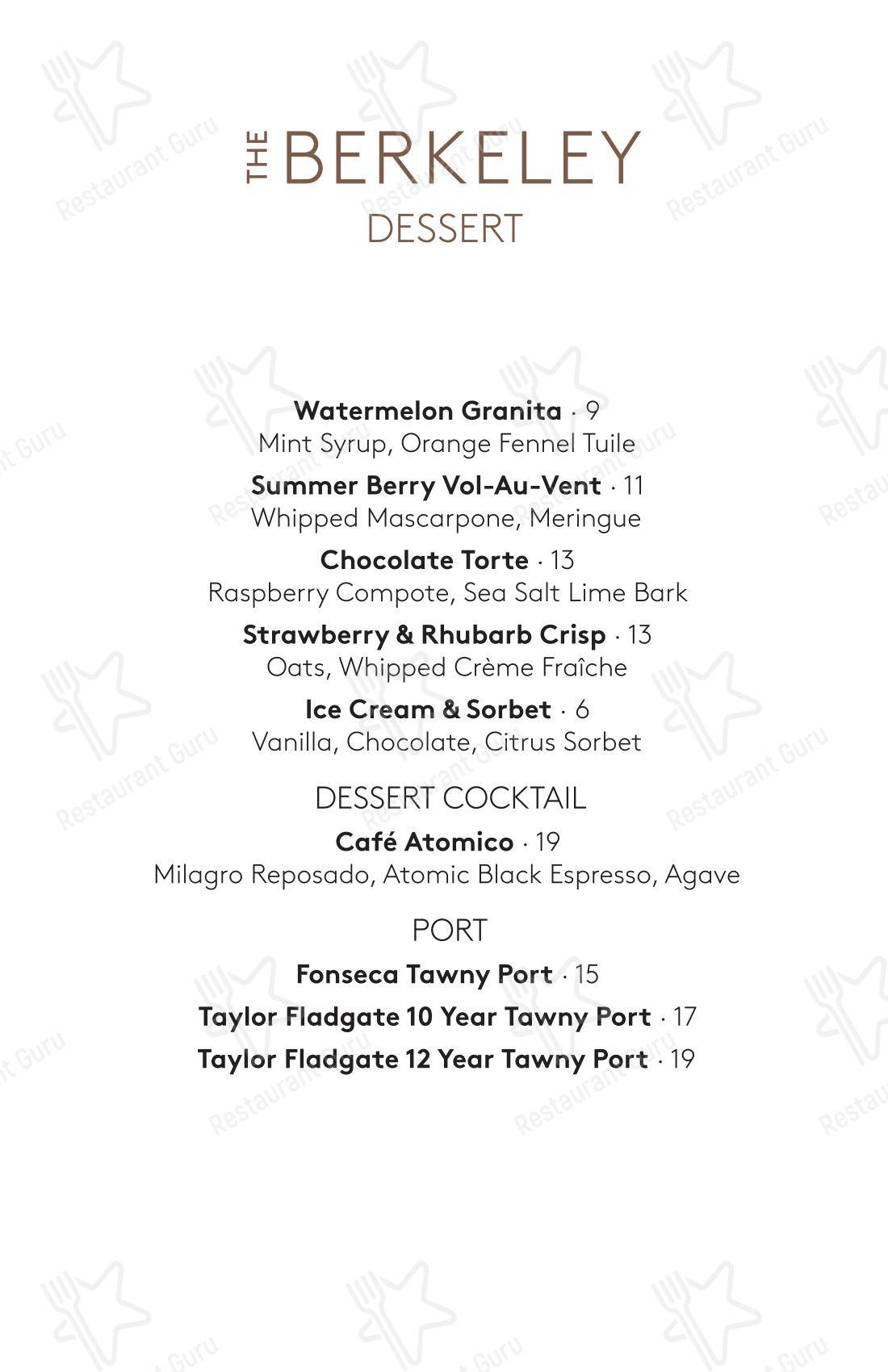 Ночное меню паба и бара The Berkeley Bistro + Bar