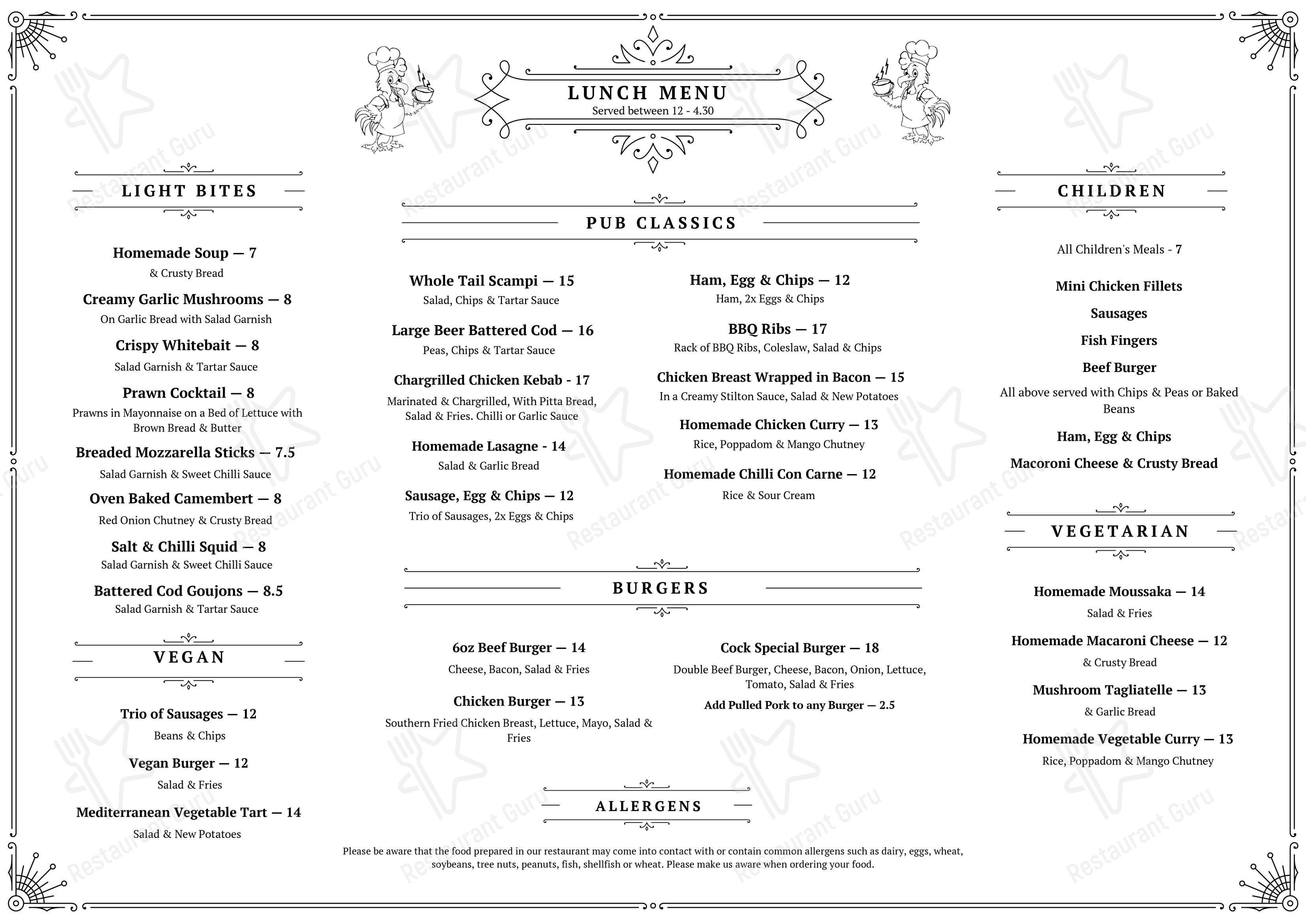 Меню кафе The Cockerel Licenced Cafe and Bakery, with Bar в Писмарше