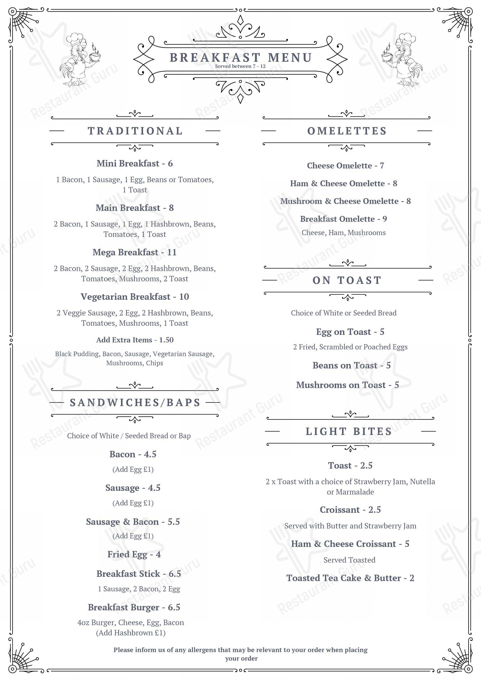 菜单 кафе The Cockerel Licenced Cafe and Bakery, with Bar в Писмарше