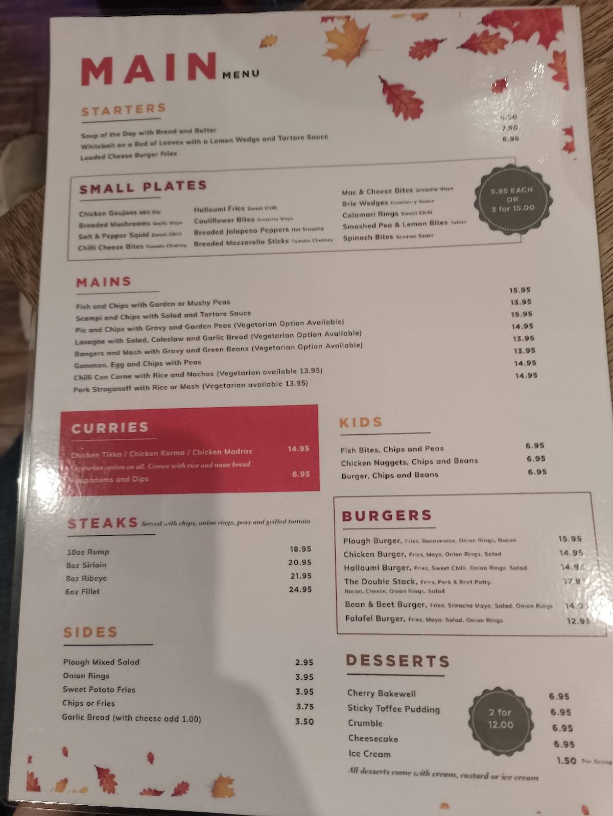 The Plough Inn меню