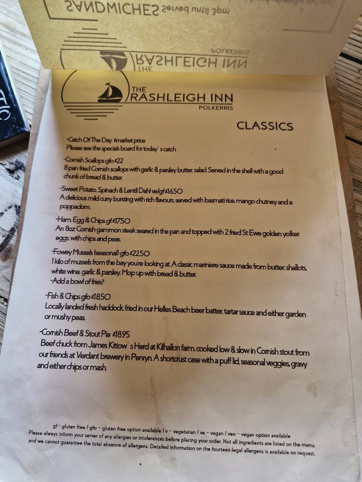 The Rashleigh Inn меню