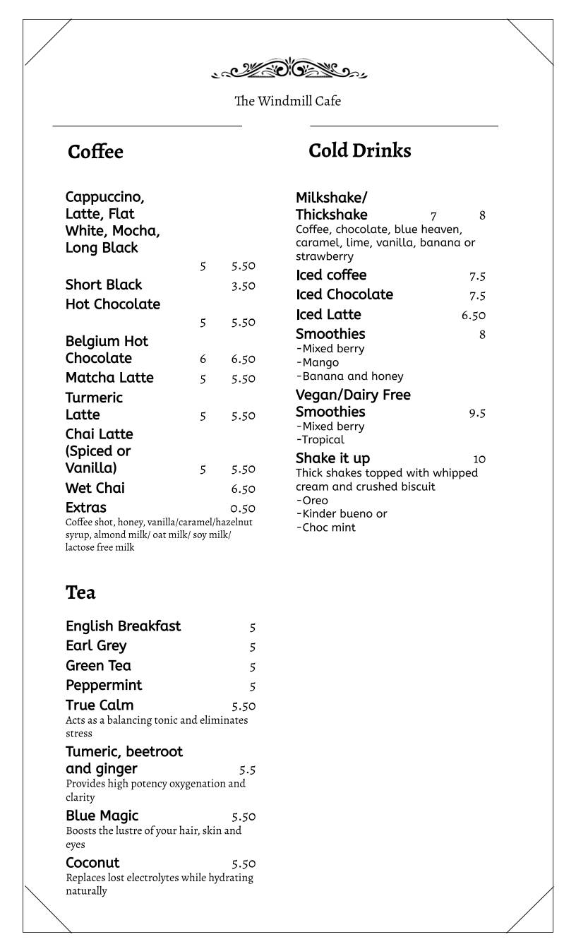 The Windmill Cafe меню