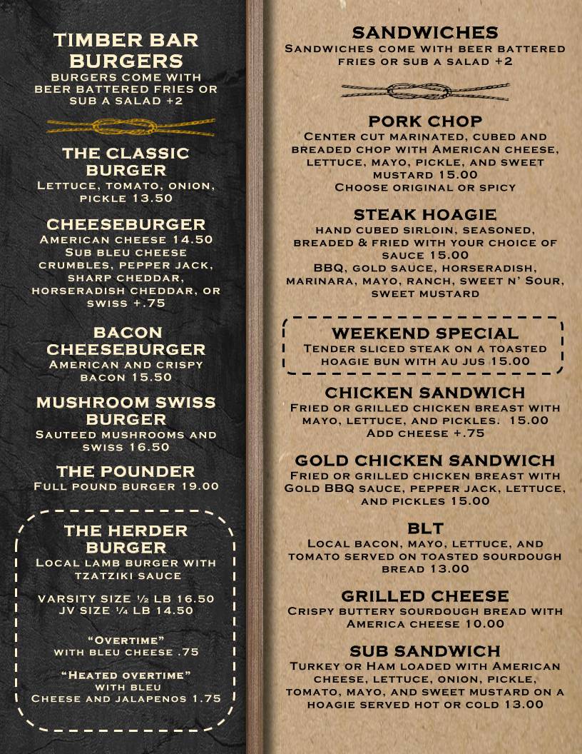 Timber Bar & Grill меню