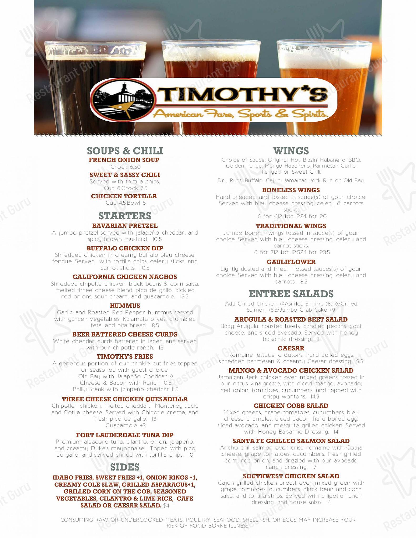 Timothy's Lionville в Экстоне - Takeaway Menu