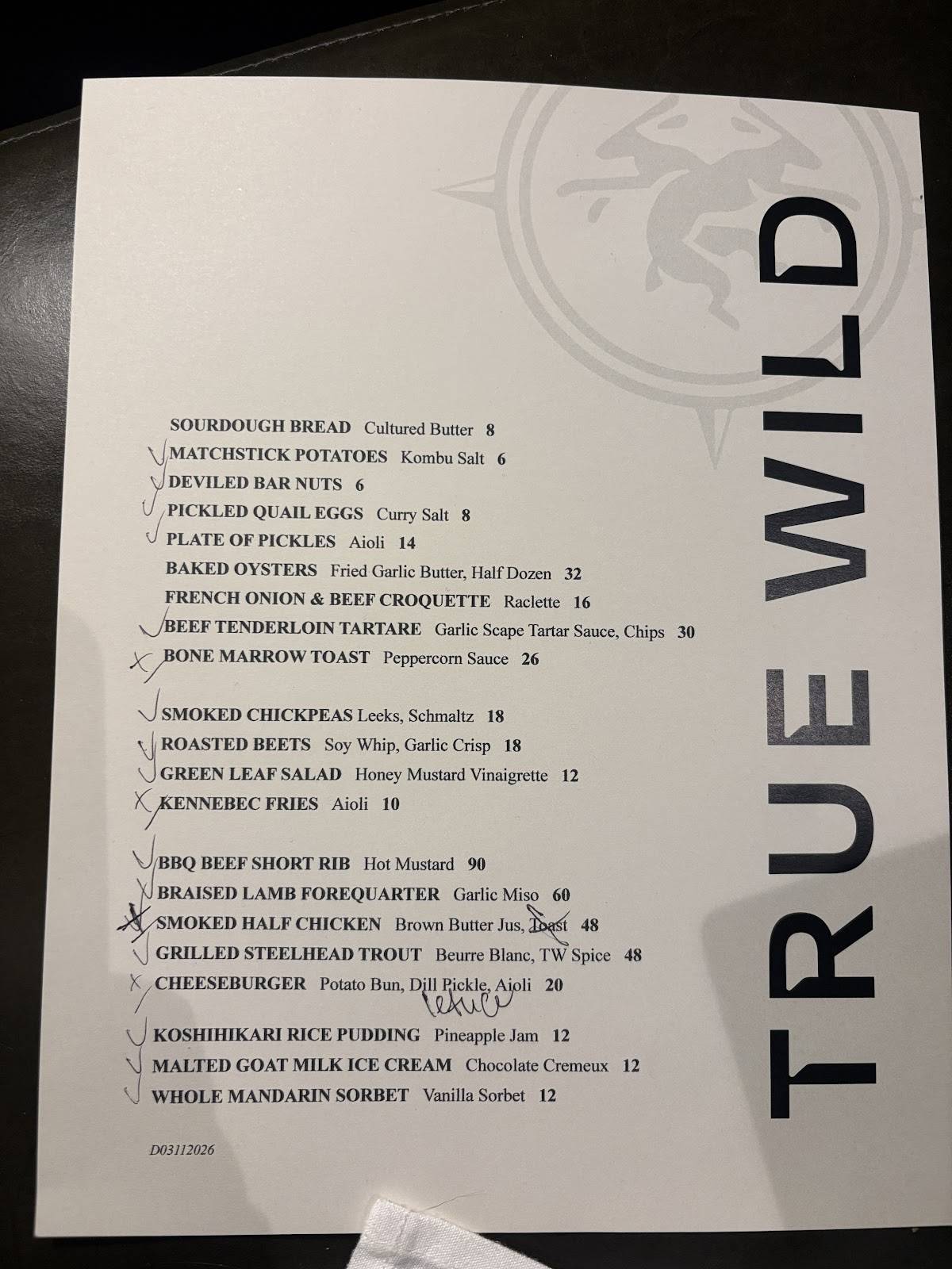 True Wild Distilling меню