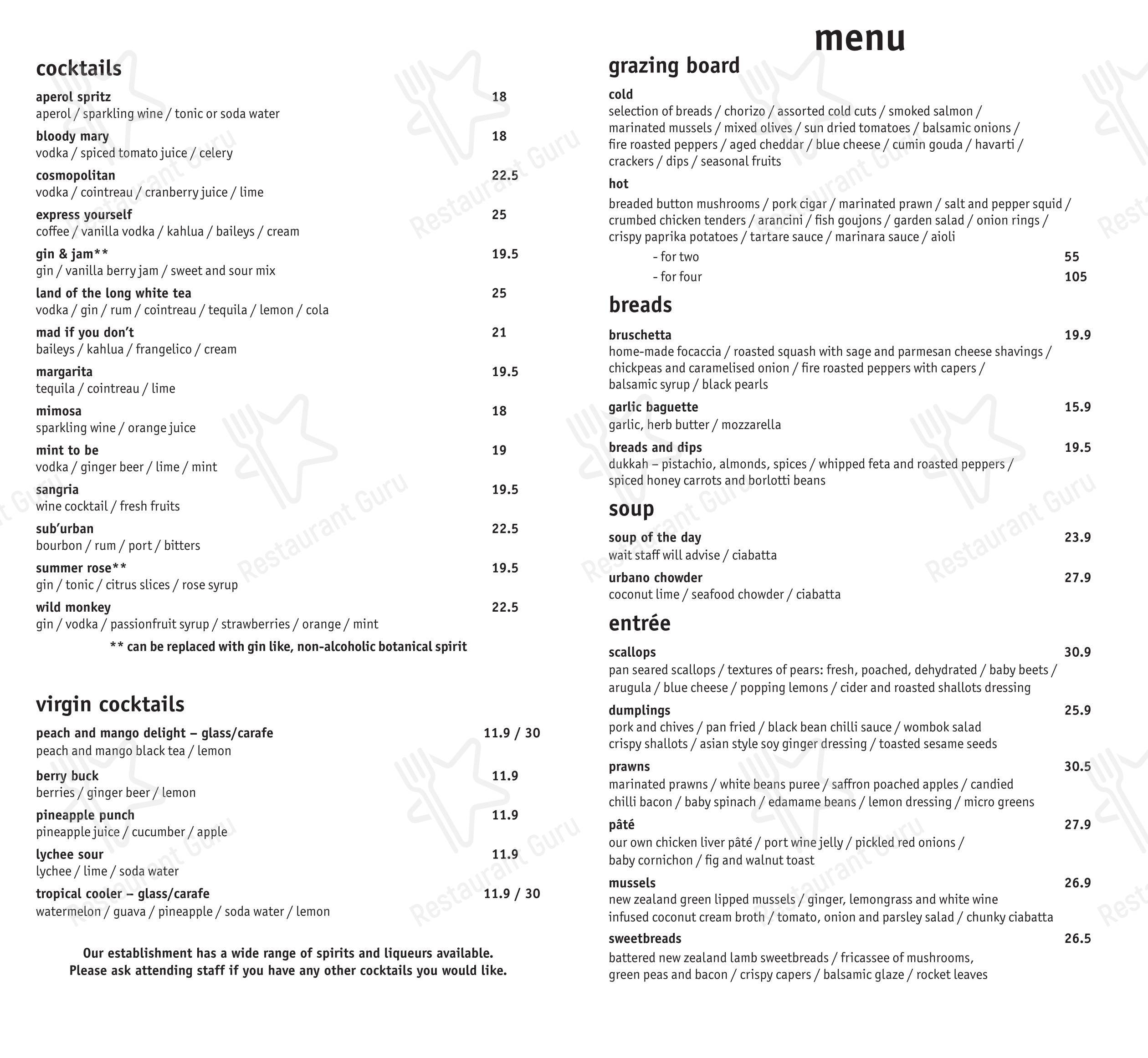 Меню Urbano Bistro Cafe & Restaurant - еда и напитки