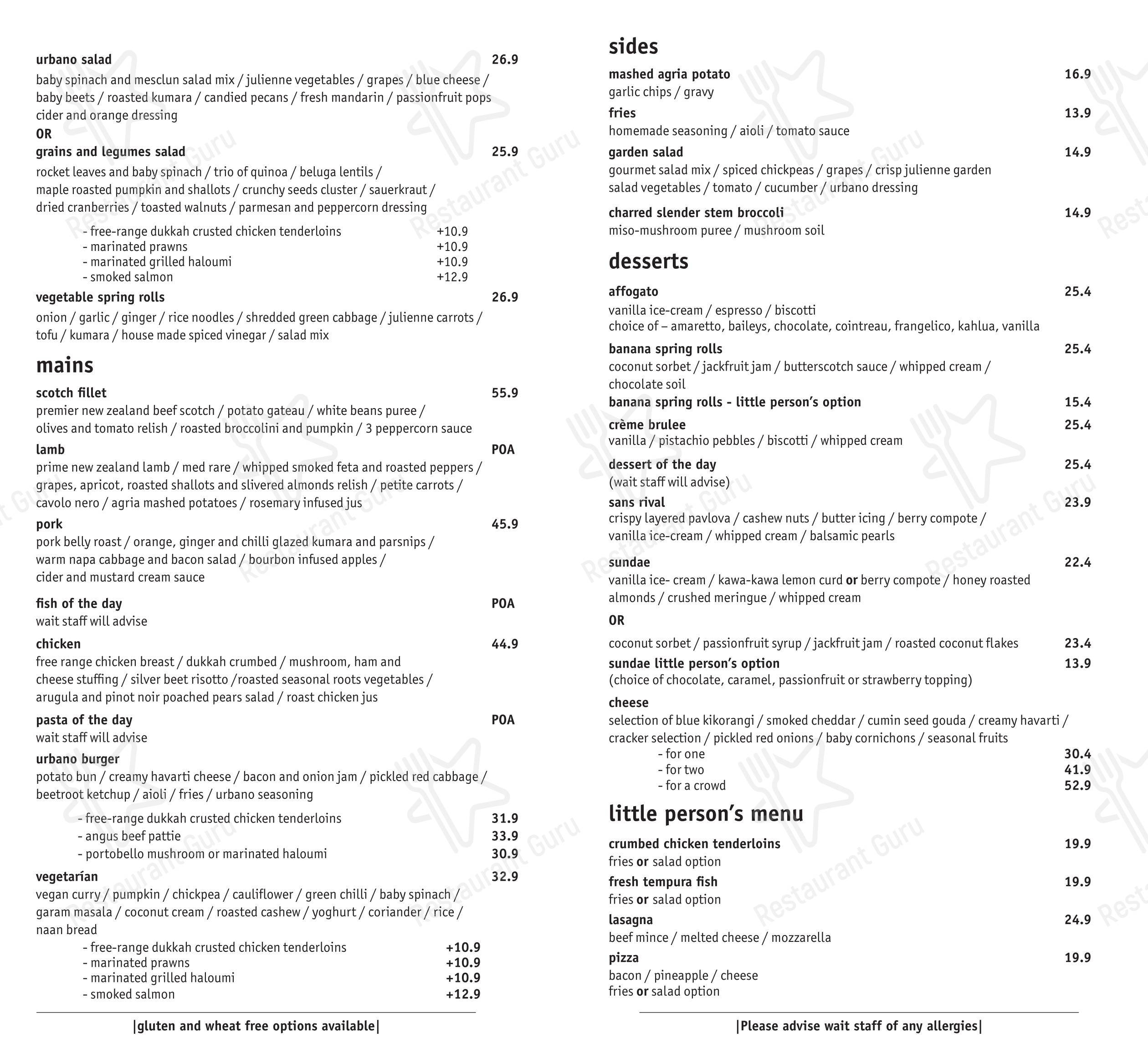 Меню кафе Urbano Bistro Cafe & Restaurant