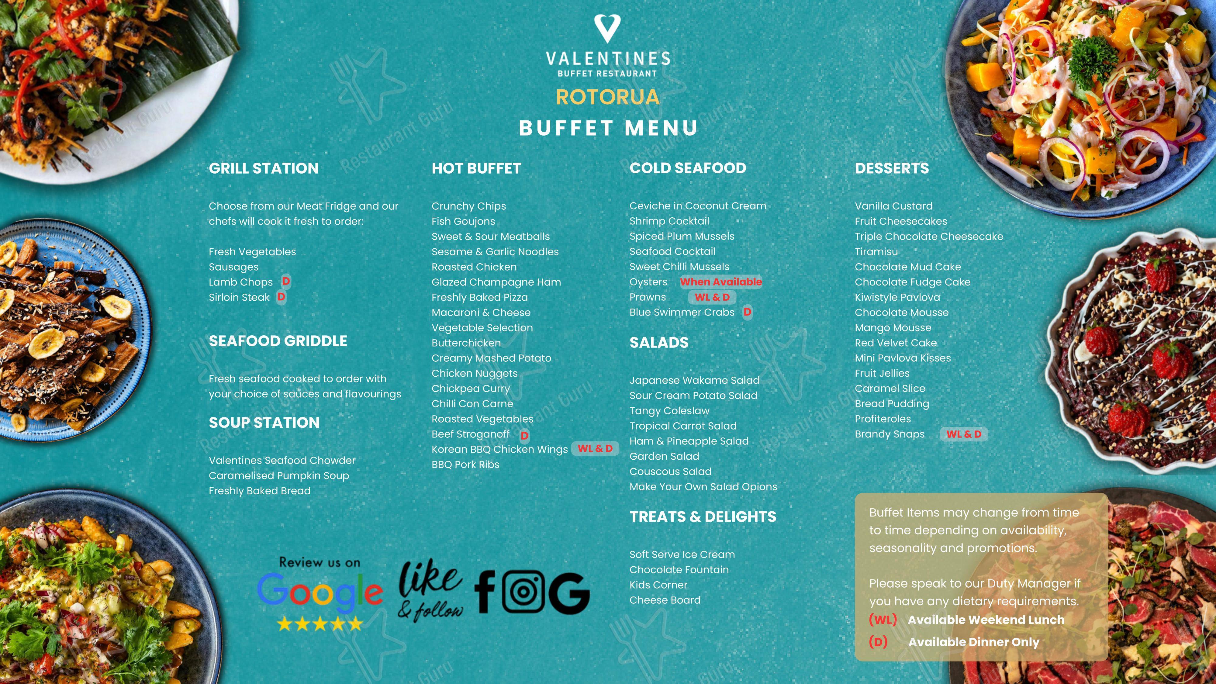 Основное меню ресторана Valentines Buffet Restaurant & Bar в Роторуа