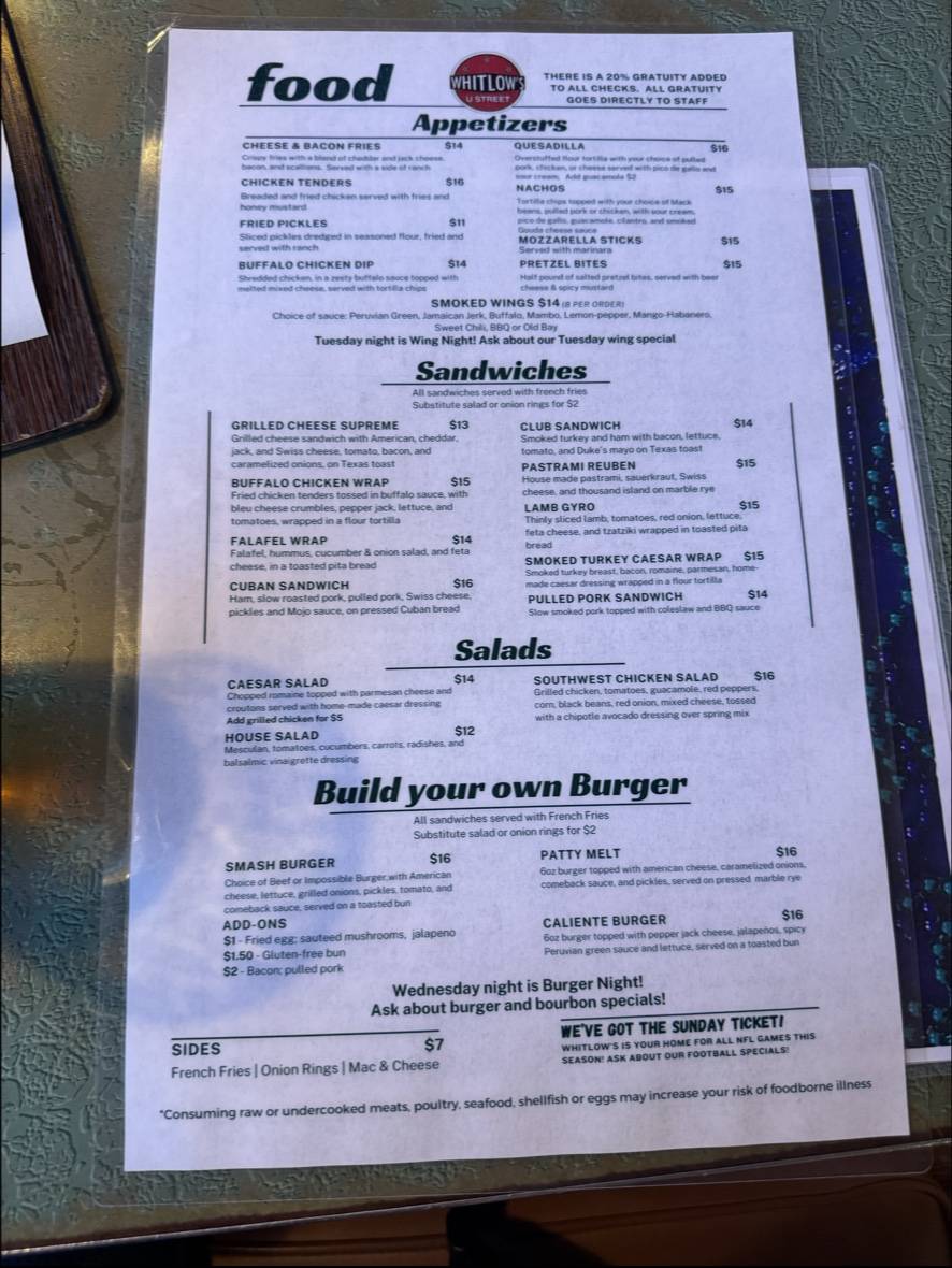 Whitlow's on U Street меню